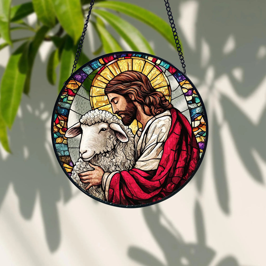 Handmade Stained Glass Suncatcher_ Jesus Leaves the 99, Christian Decor, Handcrafted Stained Glass Suncatcher, Vibrant Window Art Panel, Sunlit Light Catcher Decoration, Boho Room Decor, Gift for Home Lovers