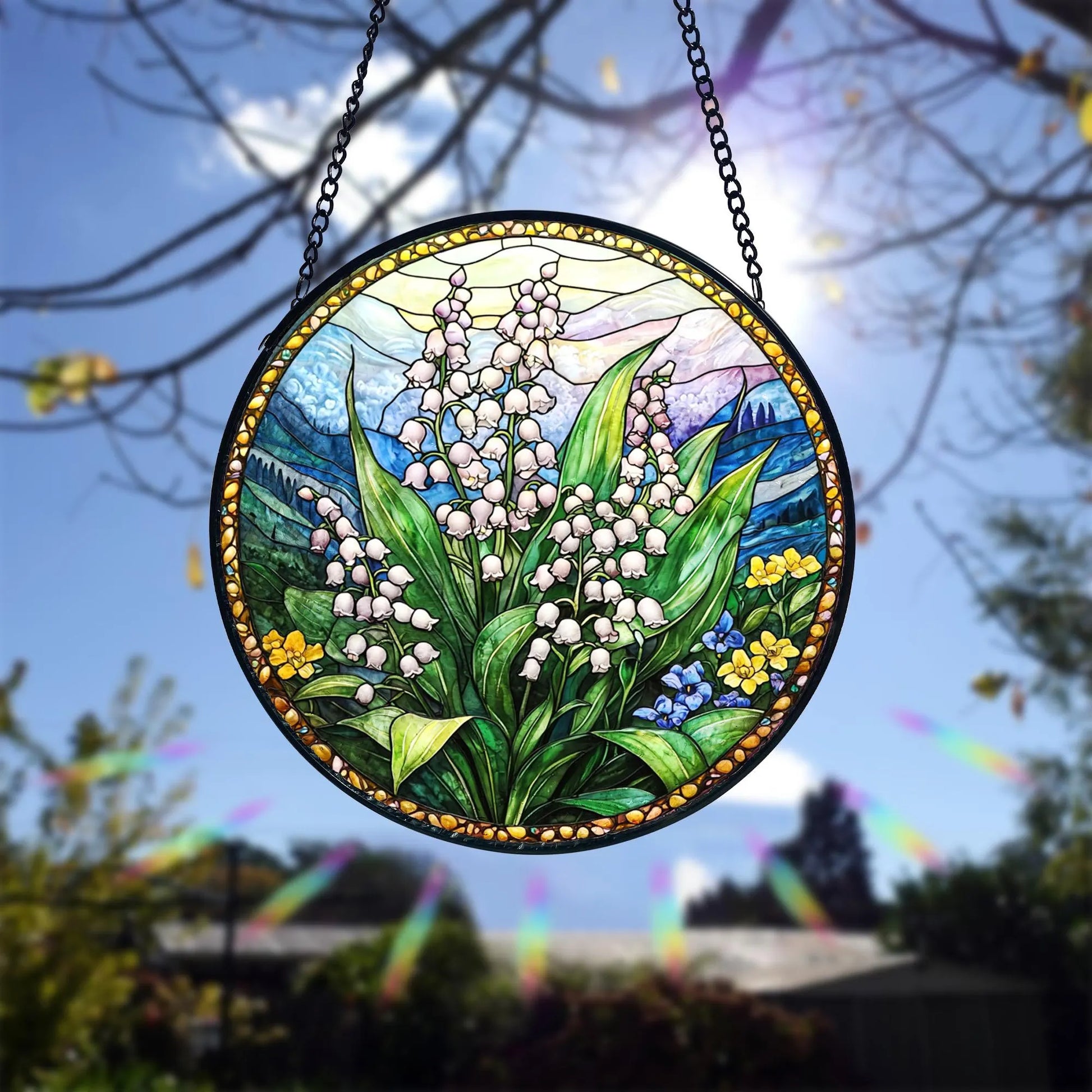 Lily of the Valley Stained Glass Suncatcher_ Floral Window Hanging, Acrylic Stained Glass Window Art, Handmade Sun Catcher Hanging Decor, Colorful Light Reflecting Panel, Unique Gift for Home