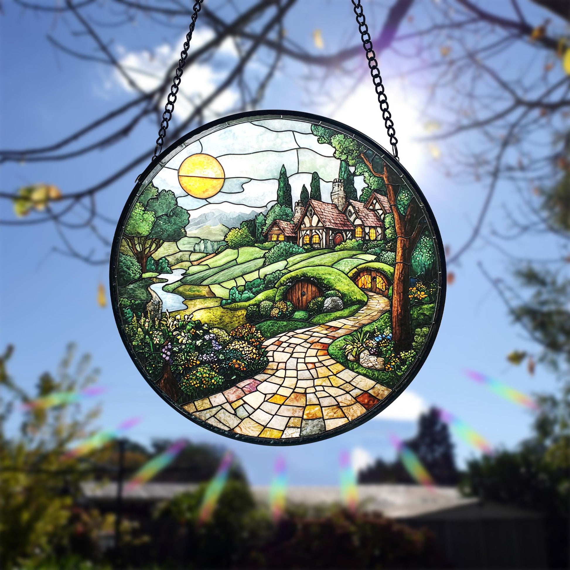 Handmade Shire Stained Glass Suncatcher_ Fantasy Home Decor, Handcrafted Stained Glass Suncatcher, Vibrant Window Art Panel, Sunlit Light Catcher Decoration, Boho Room Decor, Gift for Home Lovers