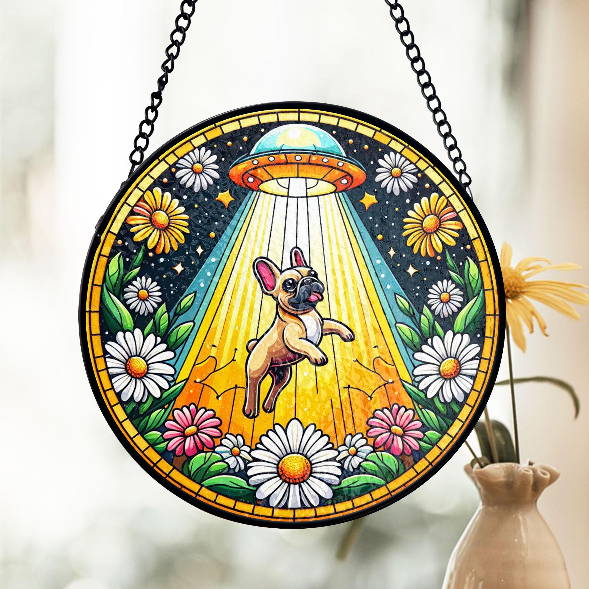 Alien Abduction French Bulldog Stained Glass Suncatcher, Alien Abduction Window Hanging, Sci-fi Dog Decor, Pet Lover Gift, Acrylic Hanging Sun Catcher for Windows, Stained Glass Look Decor, Artistic Home Accent