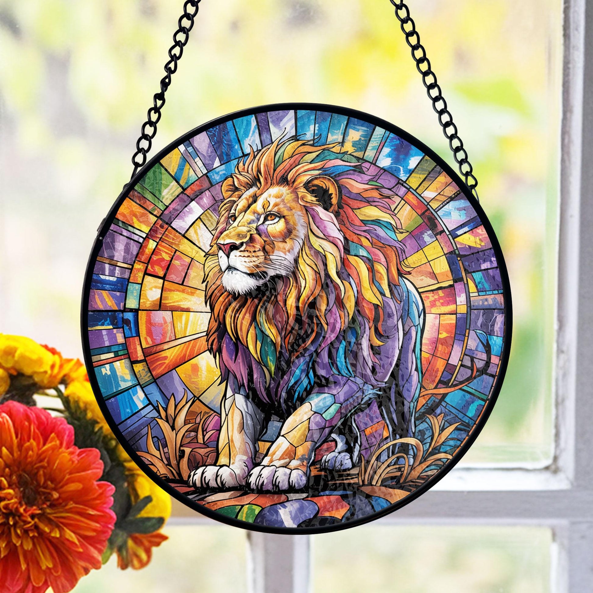 Lion King Stained Glass Suncatcher, Bold Colorful Decor for Windows, Tribal Jungle Theme, Dad Room Accent, Father’s Day Gift, Gift for Him, Handmade Acrylic Suncatcher Window Hanging, Stained Glass Look Decor, Colorful Light Catcher, Unique Home Gift