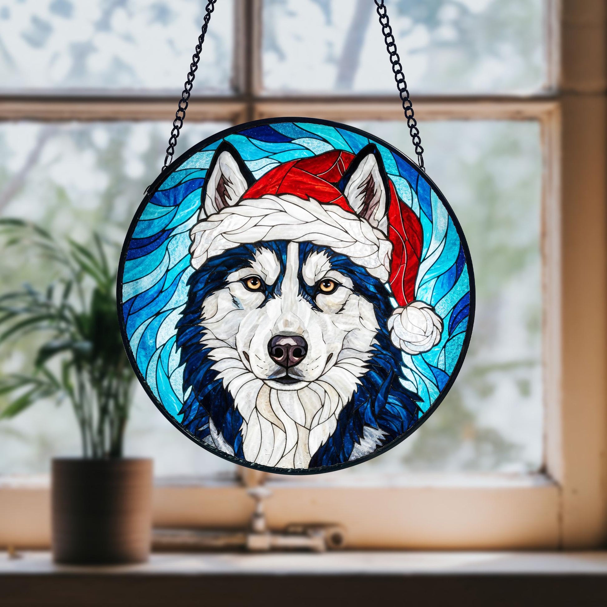 Husky Christmas Suncatcher_ Santa Hat Dog Stained Glass Ornament, Acrylic Stained Glass Window Art, Handmade Sun Catcher Hanging Decor, Colorful Light Reflecting Panel, Unique Gift for Home