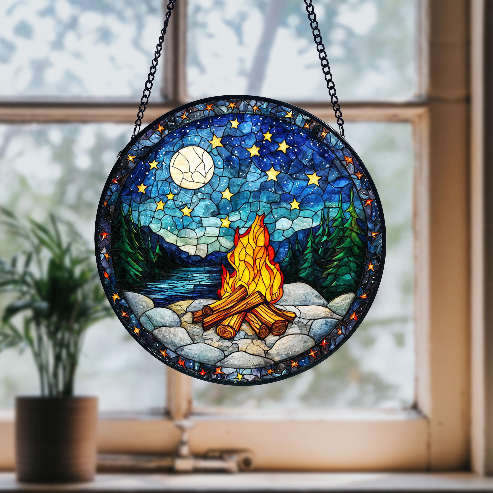 Handmade Starry Campfire Faux Stained Glass Suncatcher_ Rustic Outdoor Decor, Handcrafted Stained Glass Suncatcher, Vibrant Window Art Panel, Sunlit Light Catcher Decoration, Boho Room Decor, Gift for Home Lovers