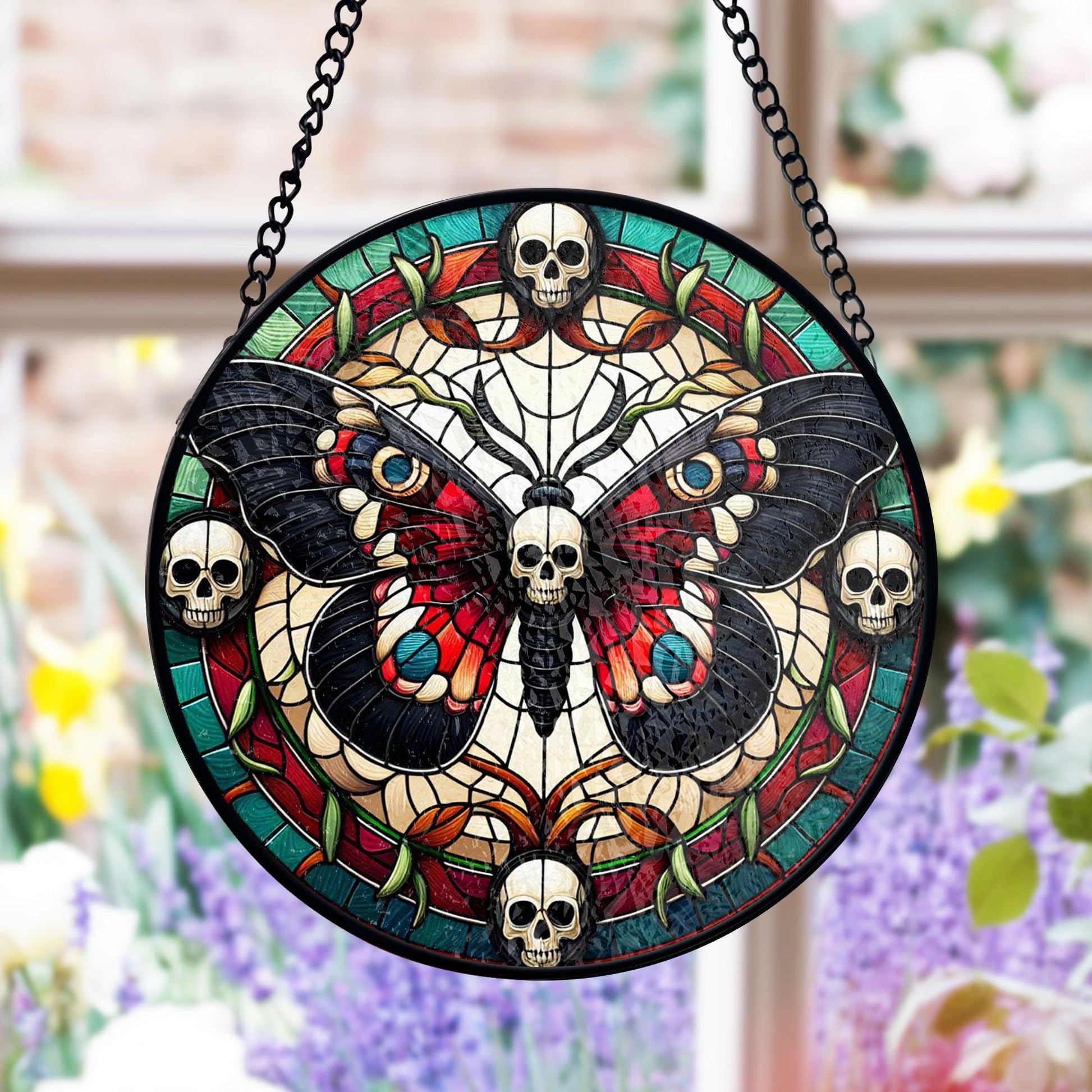 Skull Moth Stained Glass Suncatcher, Butterfly Suncatcher, Gothic Butterfly Decor for Window, Dark Art Theme, Unique Gift for Him or Her, Acrylic Stained Glass Decoration, Handmade Window Suncatcher Ornament, Boho Light Catcher Gift
