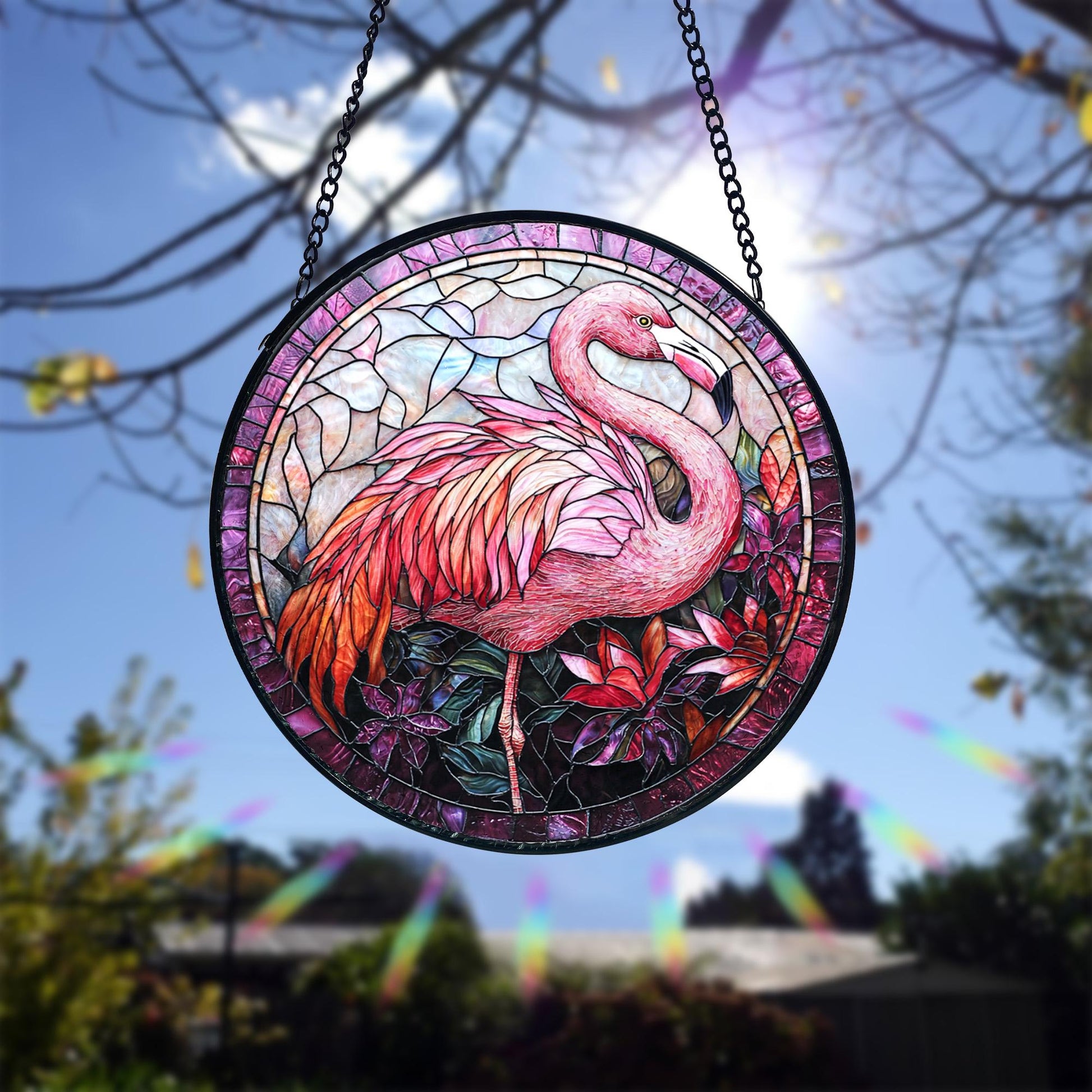 Handcrafted Pink Flamingo Stained Glass Suncatcher_ Tropical Home Decor, Stained Glass Style Window Hanging Colorful Sun Catcher Ornament, Boho Window Decoration, Unique Gift