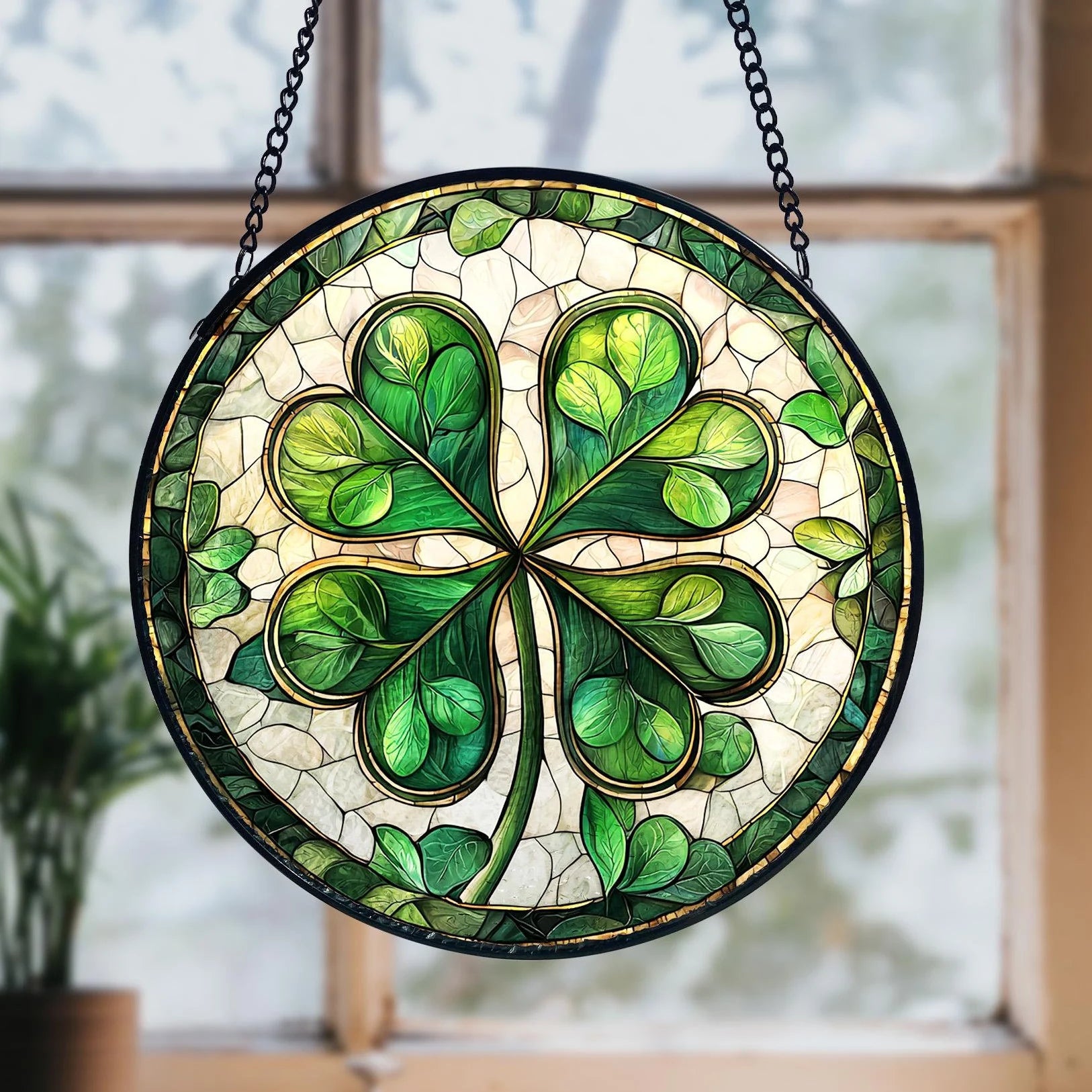 Shamrock Stained Glass Suncatcher_ Irish Window Ornament, Artistic Stained Glass Acrylic Panel, Window Light Catcher Hanging, Colorful Home Decor Accent, Handmade Gift for Any Occasion