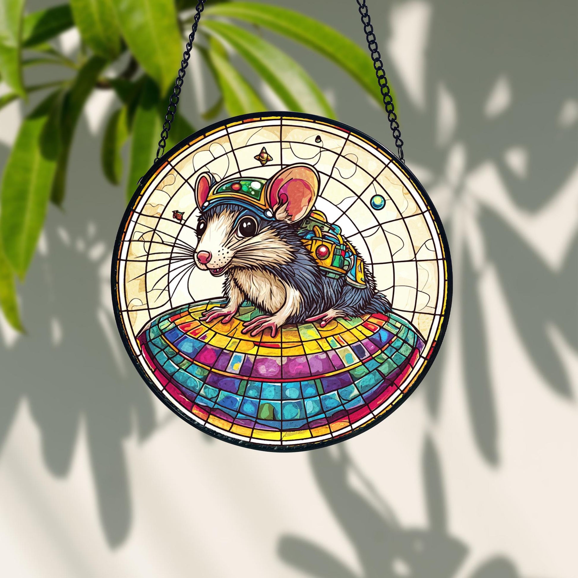 UFO Abduction Opossum Stained Glass Suncatcher, Decorative Stained Glass Style Suncatcher, Acrylic Window Art Panel, Sun Catcher Hanging Ornament, Unique Home Accent, andmade Home Decoration