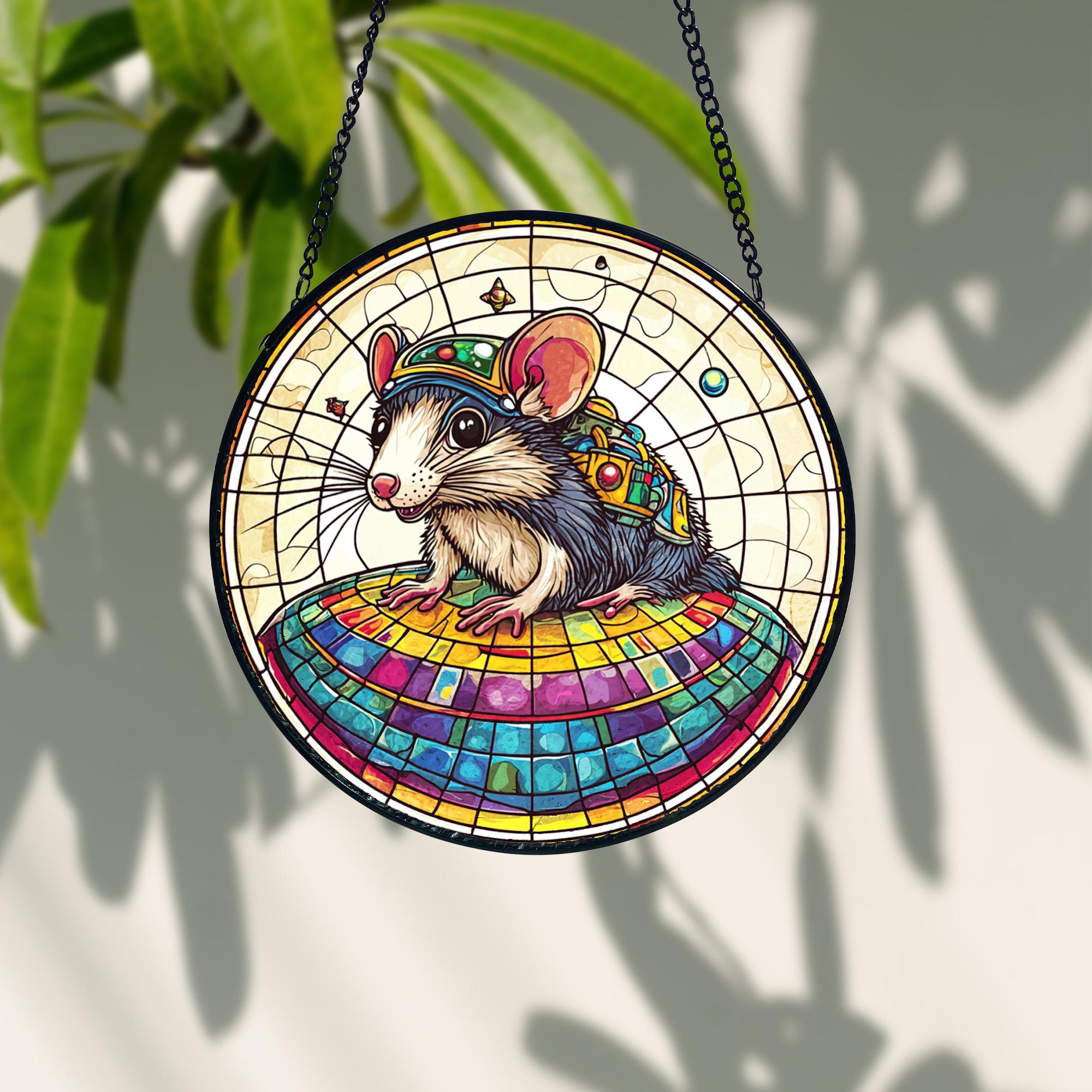UFO Abduction Opossum Stained Glass Suncatcher, Decorative Stained Glass Style Suncatcher, Acrylic Window Art Panel, Sun Catcher Hanging Ornament, Unique Home Accent, andmade Home Decoration