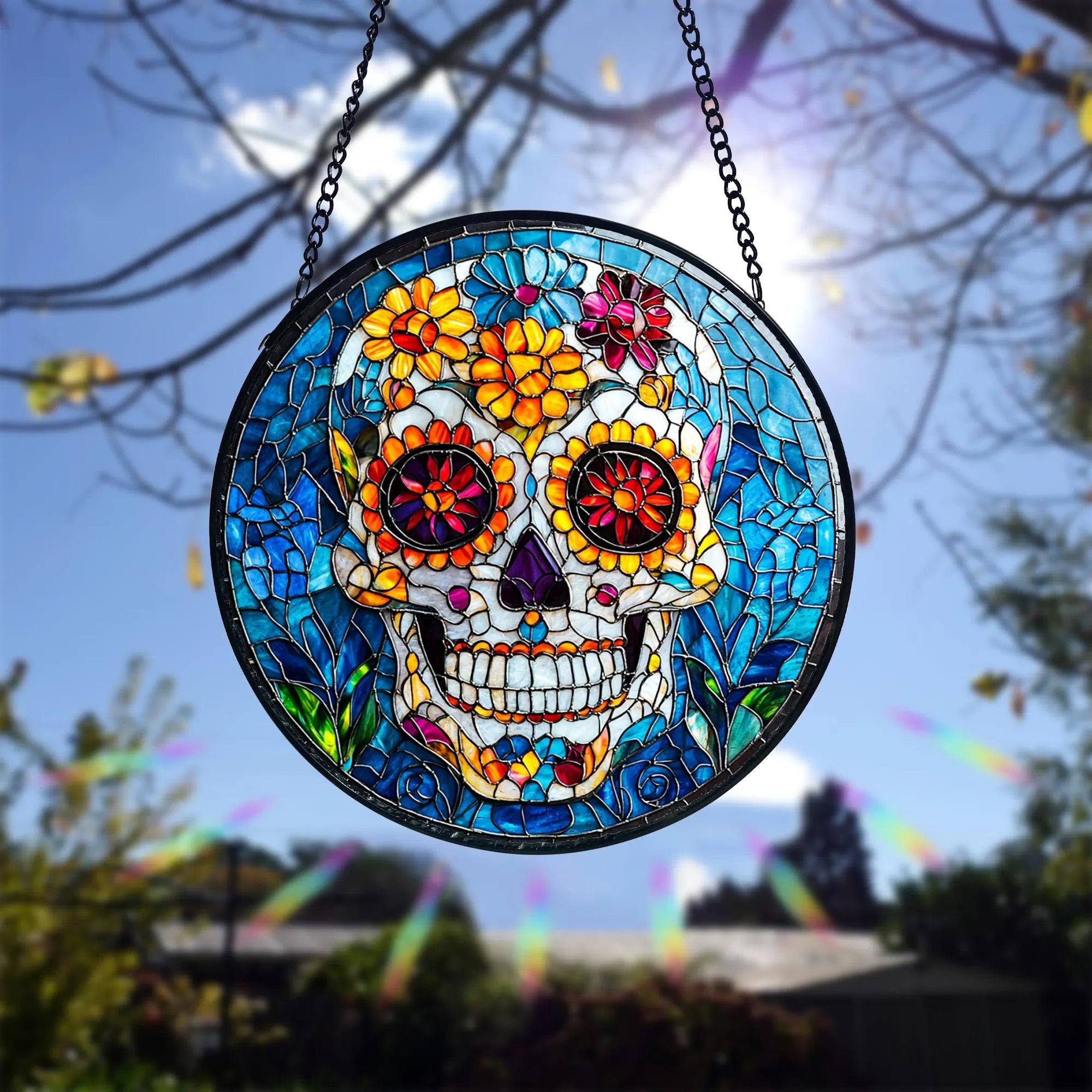 Sugar Skull Stained Glass Suncatcher, Dia De Los Muertos Decor, Acrylic Stained Glass Clover Suncatcher, Lucky Window Hanging, Boho Green Ornament, Unique Artisan Home Decor
