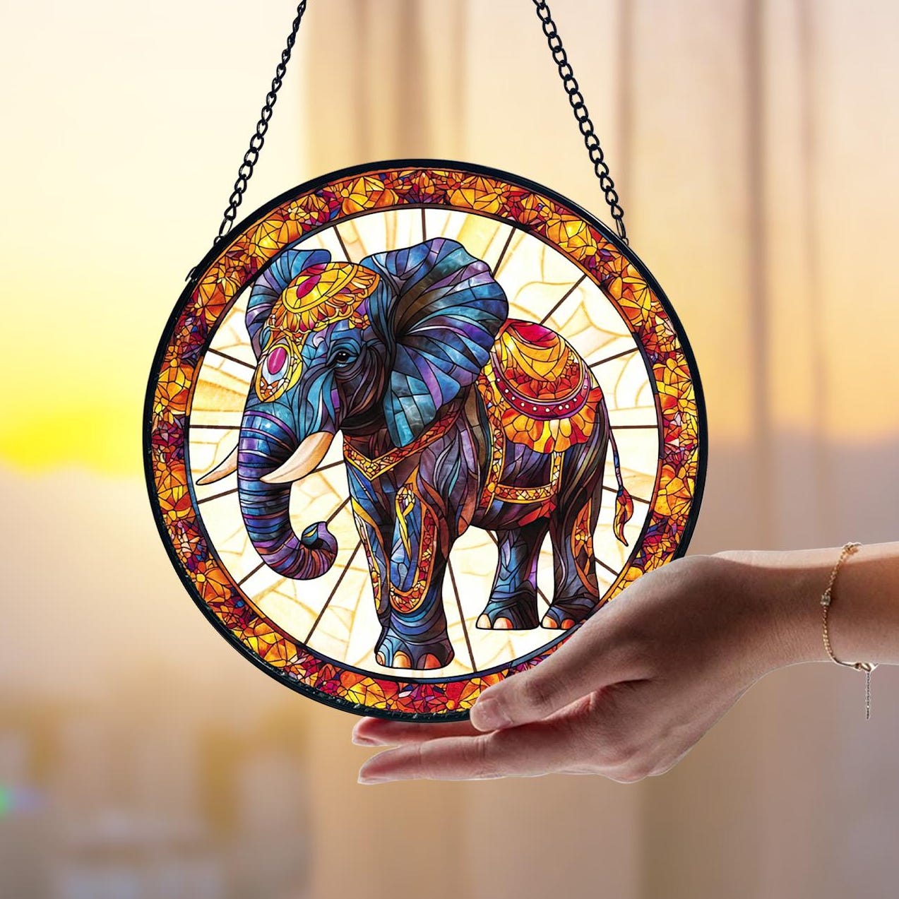 Handcrafted Elephant Stained Glass Suncatcher_ Window Hanging Decor, Stained Glass Style Window Hanging Colorful Sun Catcher Ornament, Boho Window Decoration, Unique Gift
