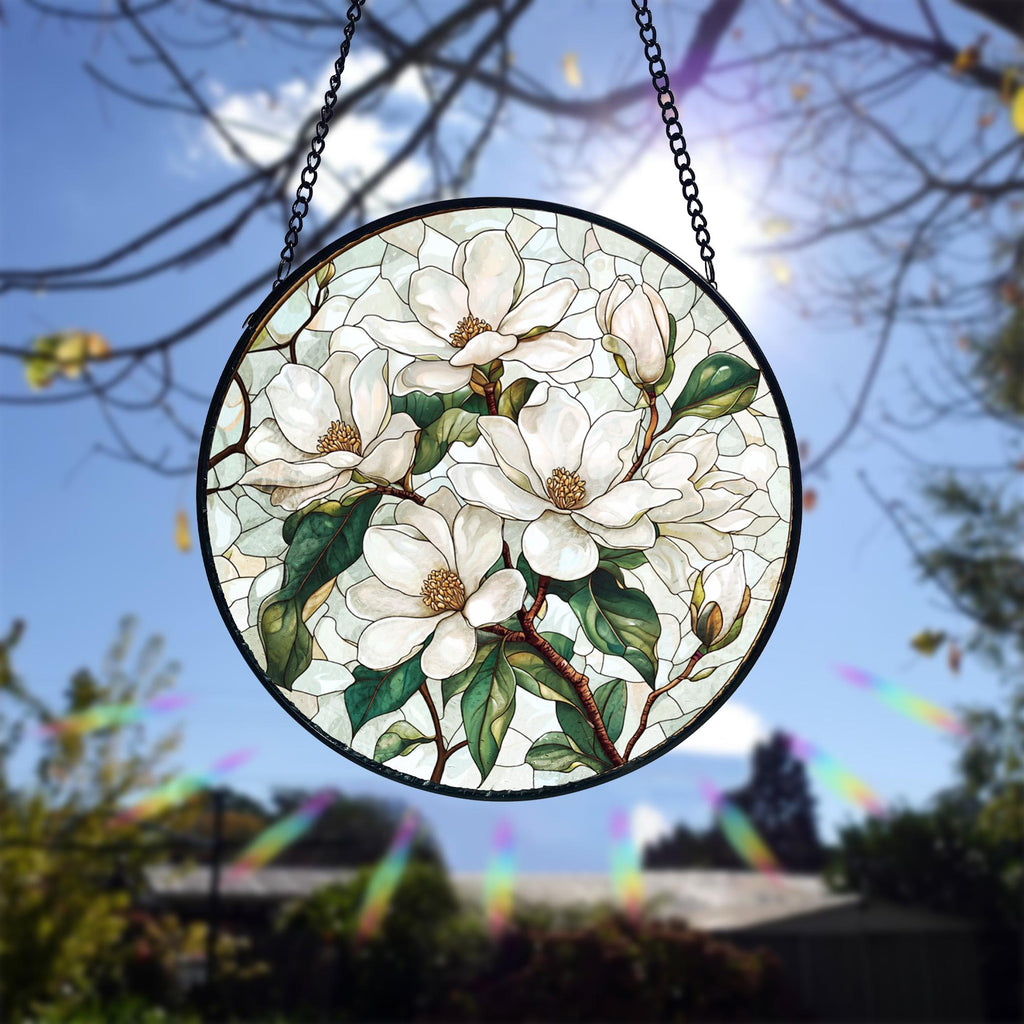 Handmade Stained Glass White Magnolia Suncatcher_ Floral Window Hanging, Handcrafted Stained Glass Suncatcher, Vibrant Window Art Panel, Sunlit Light Catcher Decoration, Boho Room Decor, Gift for Home Lovers