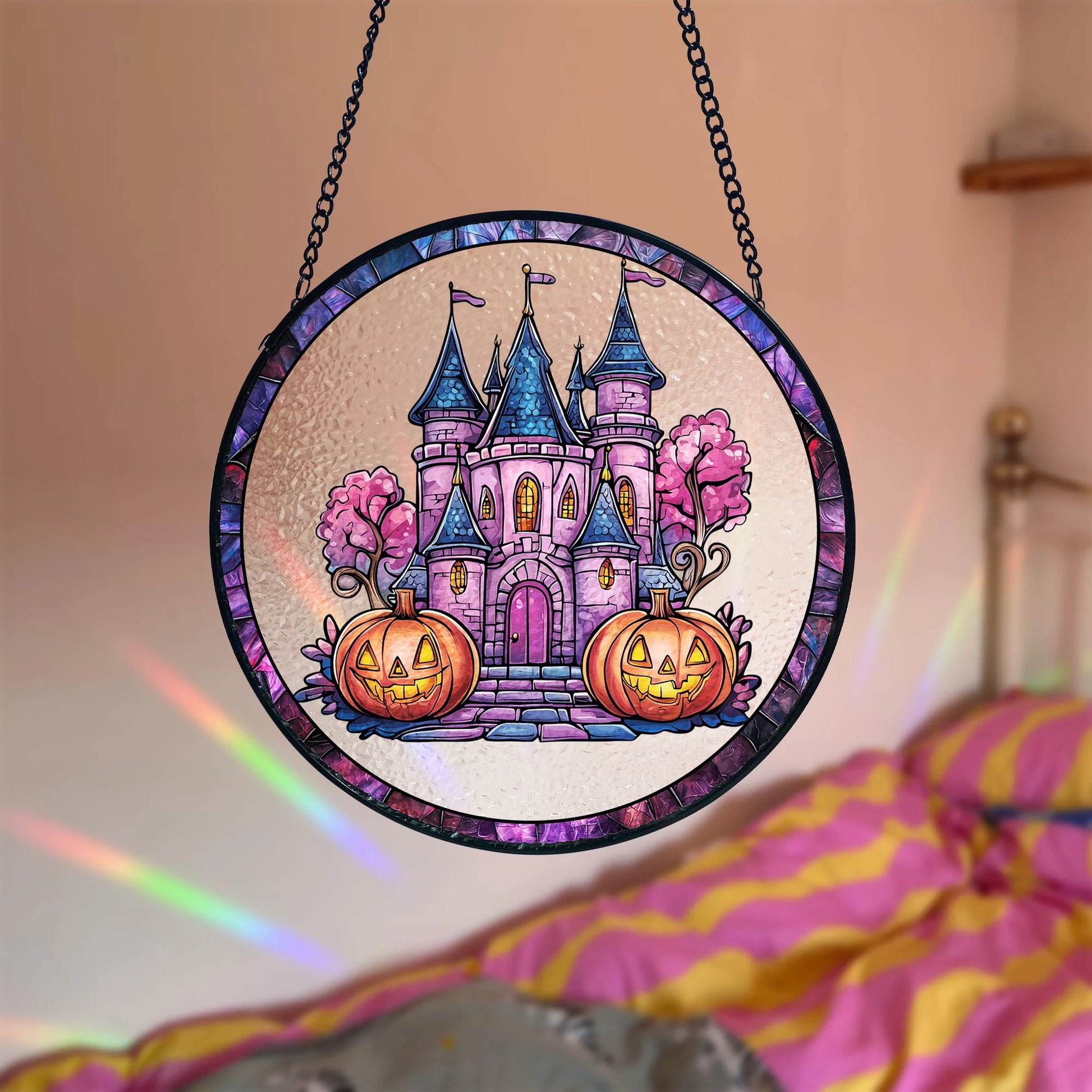 Pink Halloween Stained Glass Suncatcher, Castle Pumpkin Window Hanging, Artistic Stained Glass Acrylic Panel, Window Light Catcher Hanging, Colorful Home Decor Accent, Handmade Gift for Any Occasion