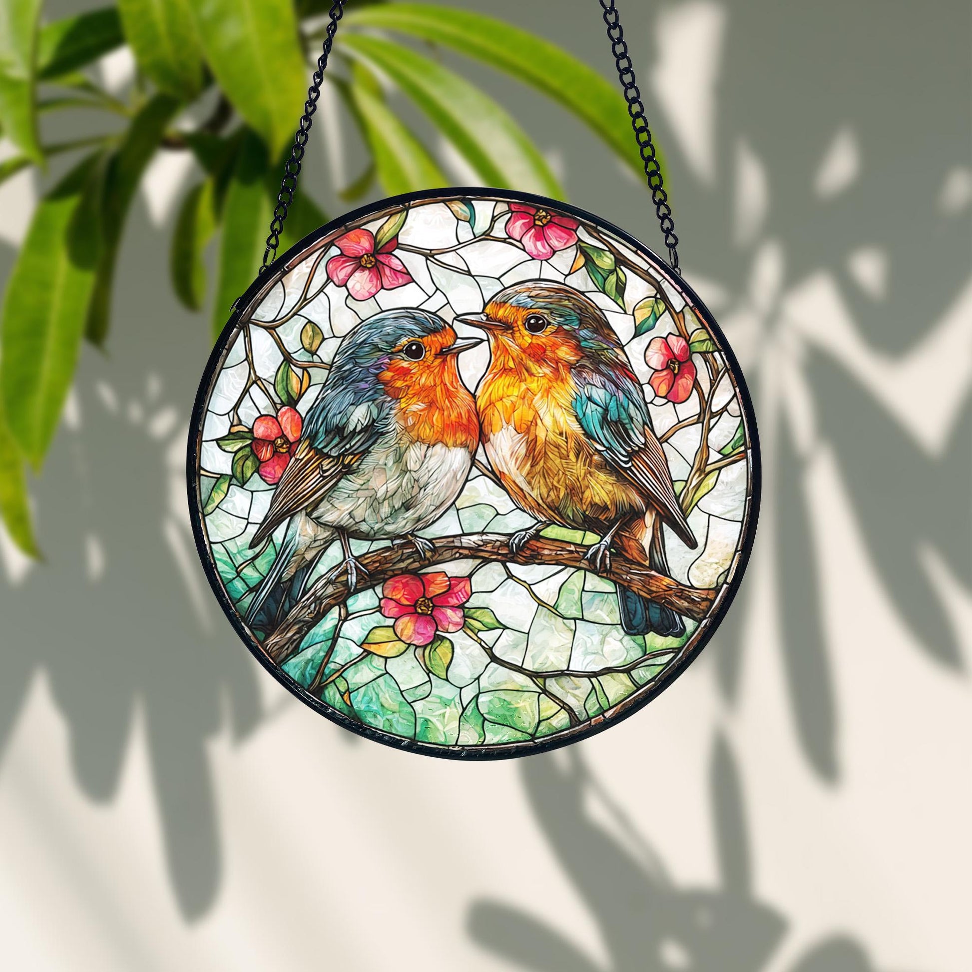 Robin Couple Stained Glass Suncatcher_ Romantic Bird Window Hanging, Artistic Stained Glass Acrylic Panel, Window Light Catcher Hanging, Colorful Home Decor Accent, Handmade Gift for Any Occasion