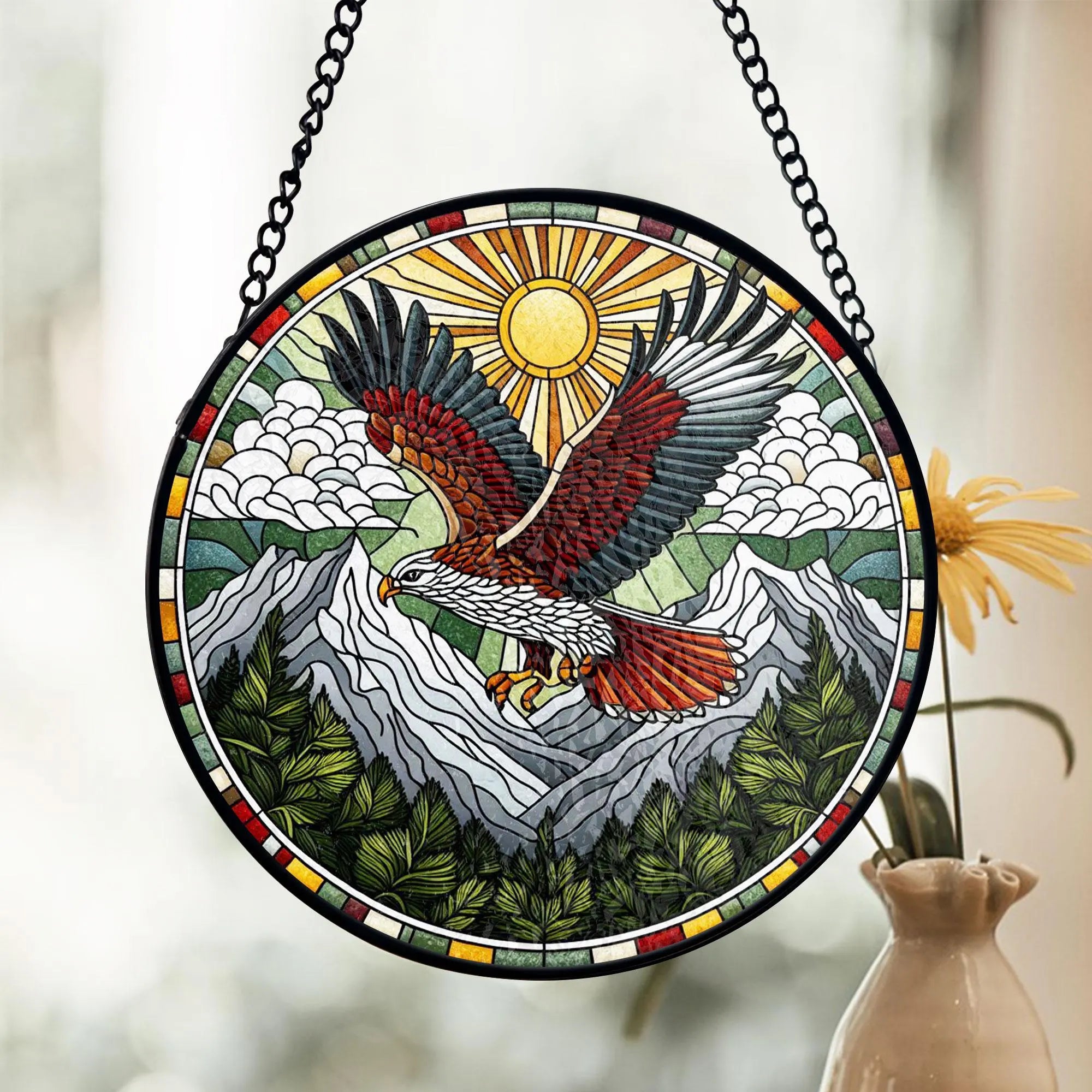 Red-tailed Hawk Stained Glass Suncatcher, Mountain Scene Wall Decor, Rustic Wildlife Style, Nature Lover Gift, Home Accent, Acrylic Stained Glass Inspired Suncatcher, Decorative Window Hanging, Artistic Home Decoration