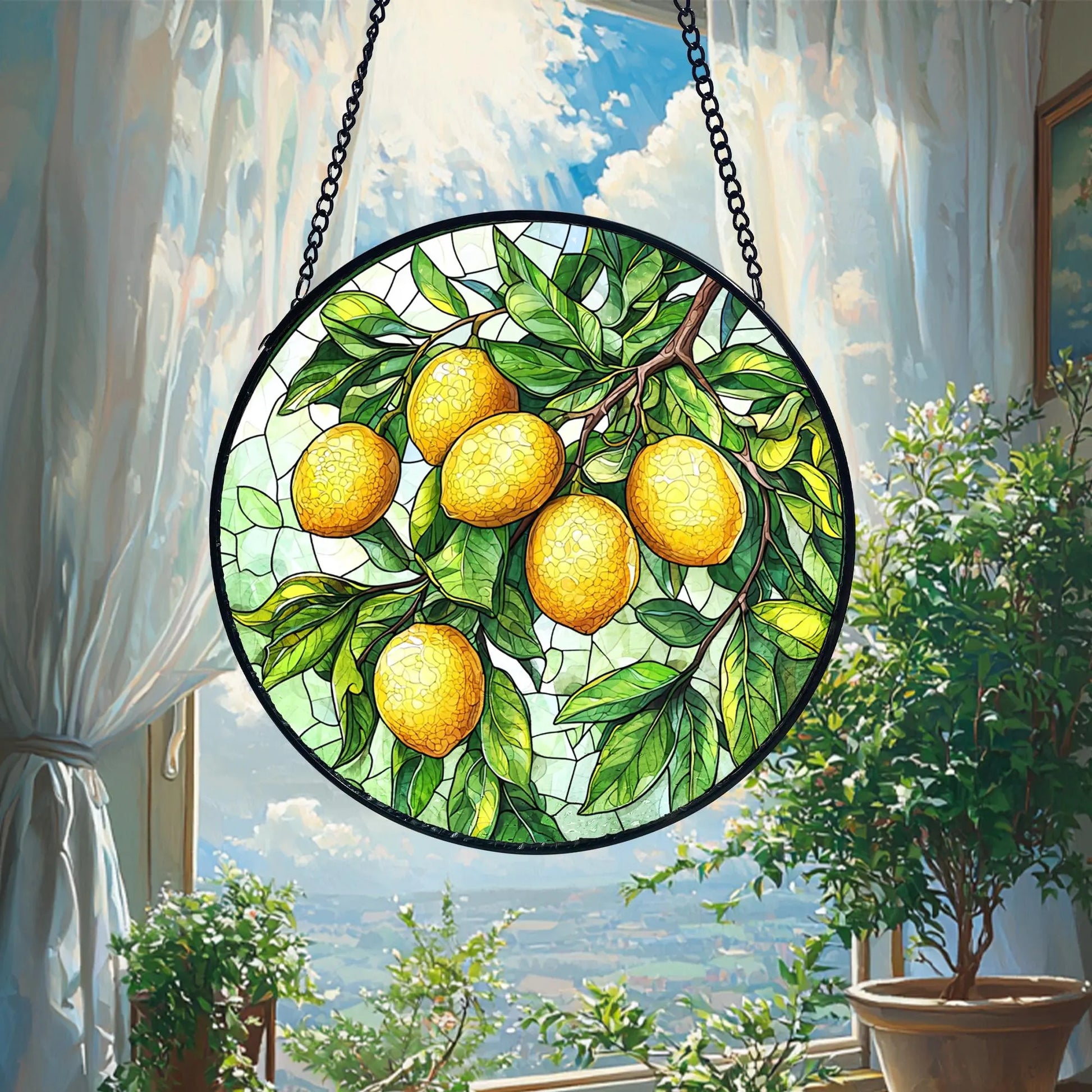 Lemon Branch Stained Glass Suncatcher_ Handmade Window Art, Acrylic Stained Glass Window Art, Handmade Sun Catcher Hanging Decor, Colorful Light Reflecting Panel, Unique Gift for Home