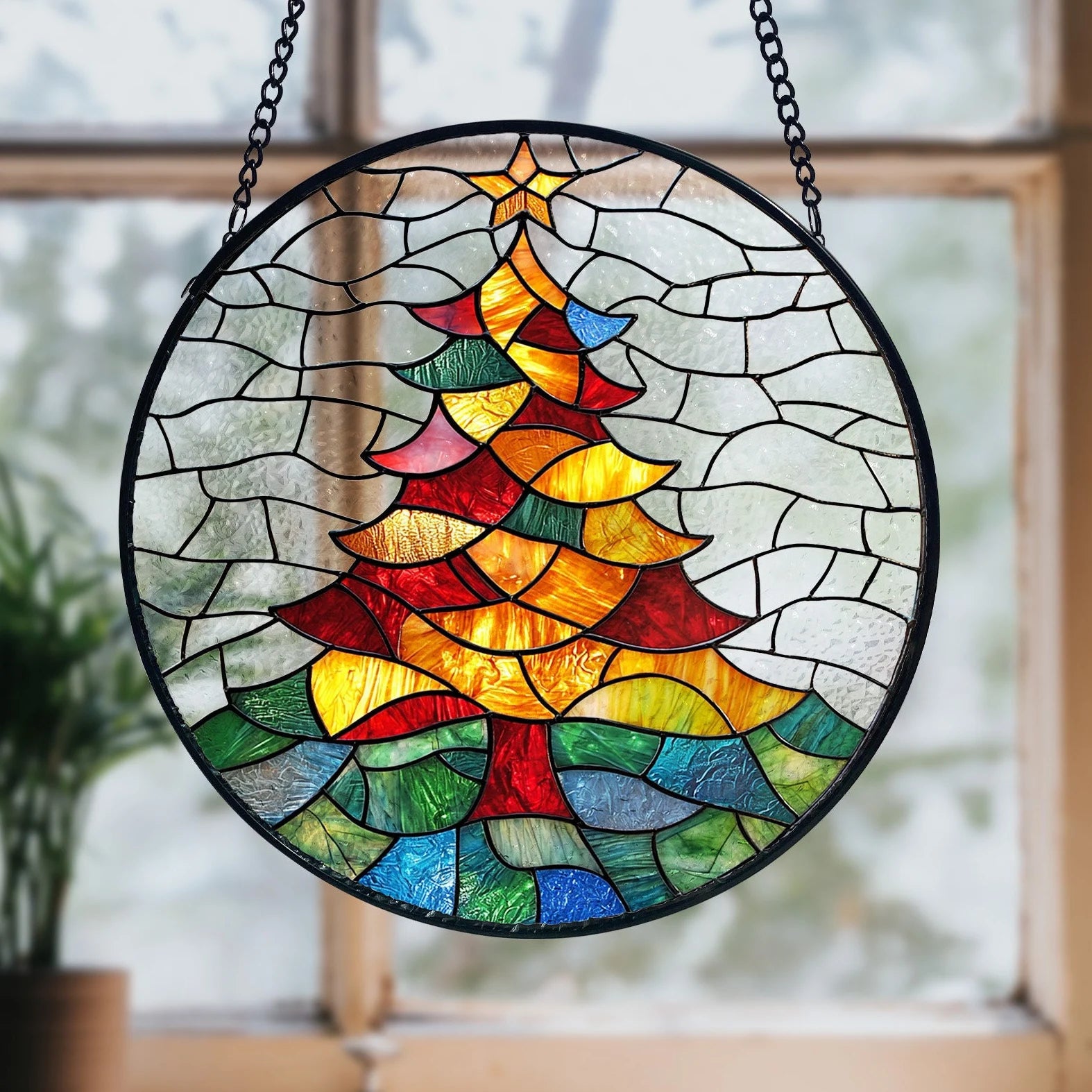 Stained Glass Christmas Tree Suncatcher_ Holiday Window Decor, Stained Glass Style Clover Suncatcher, Acrylic Window Hanging Decor, Four Leaf Lucky Ornament, Green Sun Catcher Panel, Unique Home Gift