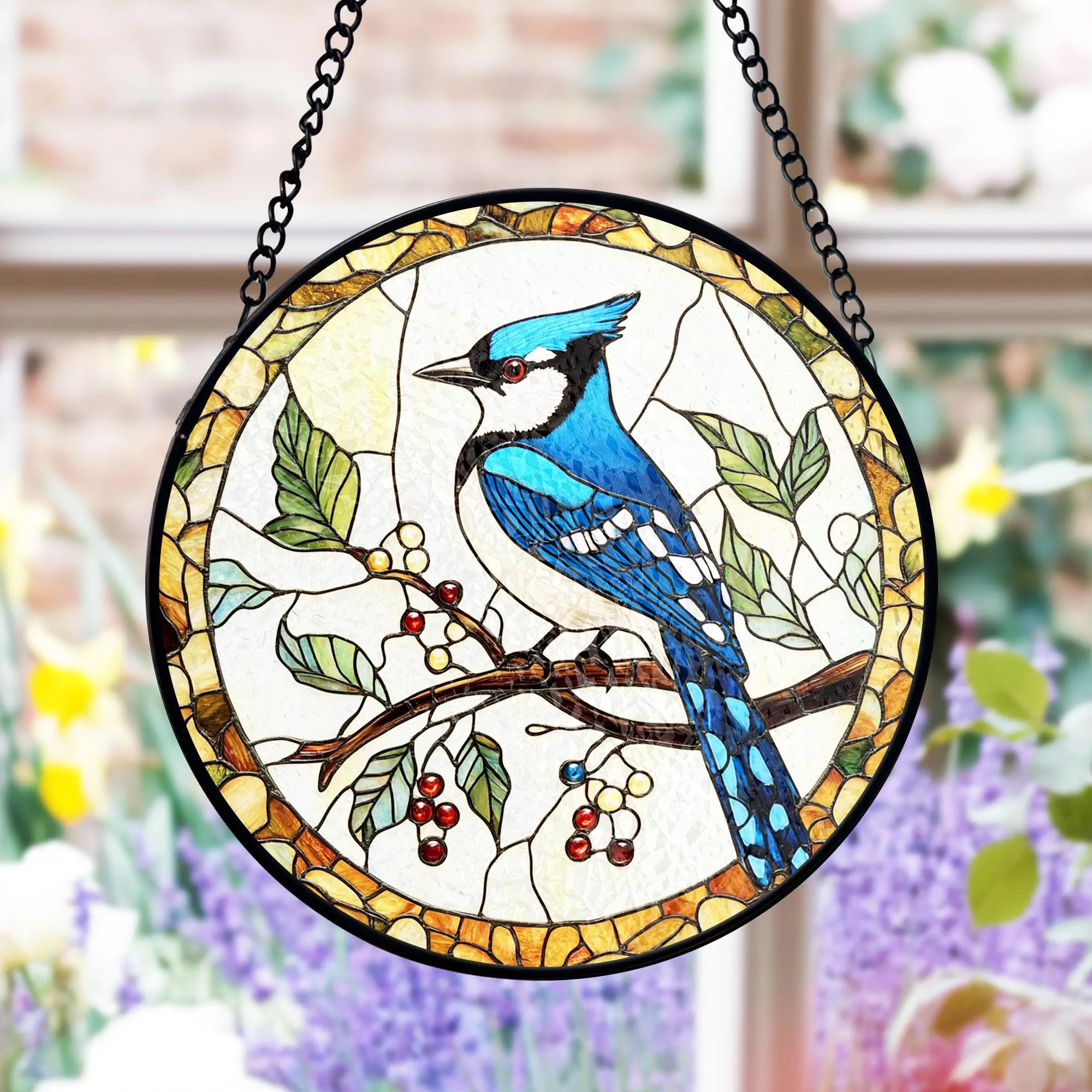 Blue Jay Stained Glass Suncatcher, Realistic Bird Art Window Decor, Nature Theme Panel, Glass Ornament, Birdwatcher Gift, Garden Lover Idea,  Acrylic Light Catcher Window Hanging, Stained Glass Style Ornament, Artistic Home Decor Gift