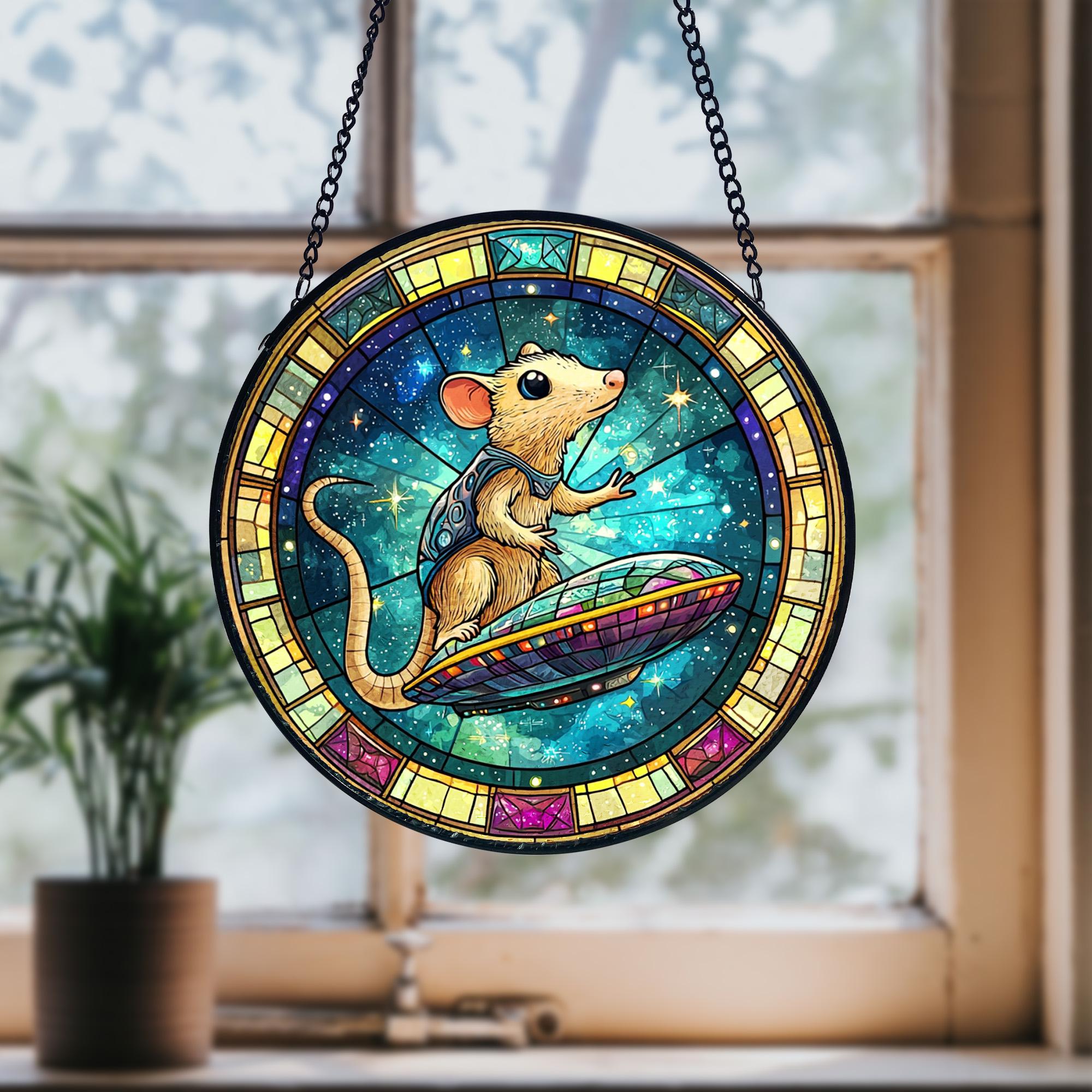 UFO Abduction Opossum Stained Glass Suncatcher_ Funny Alien Decor, Decorative Stained Glass Style Suncatcher, Acrylic Window Art Panel, Sun Catcher Hanging Ornament, Unique Home Accent, andmade Home Decoration
