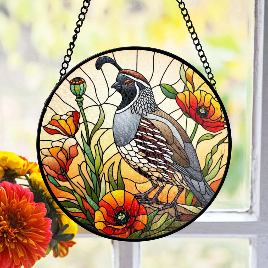 California Quail Stained Glass Suncatcher, Poppy Flower Window Decor, Wild Bird Nature Theme, Nature Lover Gift, Home Accent Gift Idea,Acrylic Light Catcher Window Hanging, Stained Glass Style Ornament, Artistic Home Decor Gift