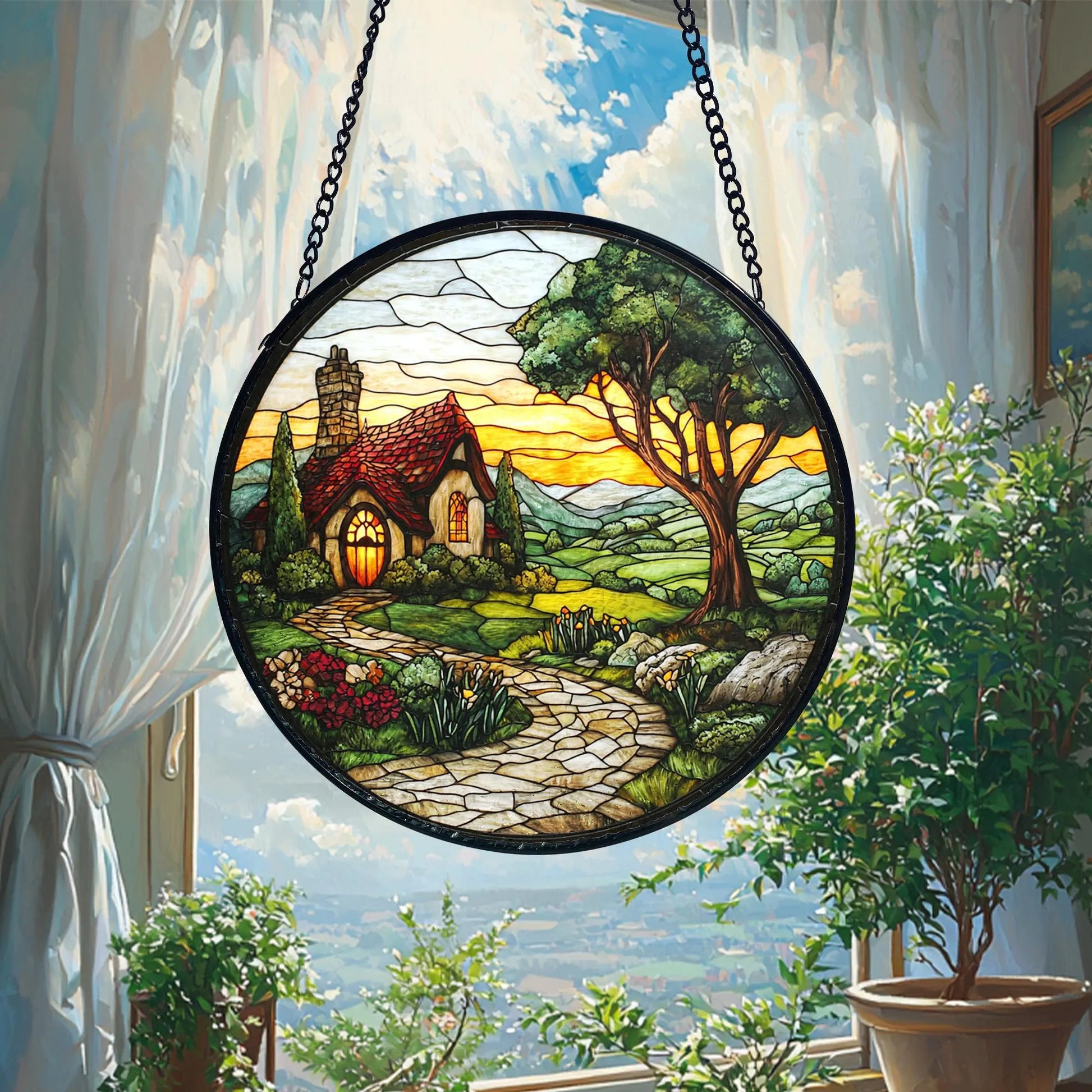 Mushroom Stained Glass Suncatcher_ Sunset Window Hanging Art, Artistic Stained Glass Acrylic Panel, Window Light Catcher Hanging, Colorful Home Decor Accent, Handmade Gift for Any Occasion