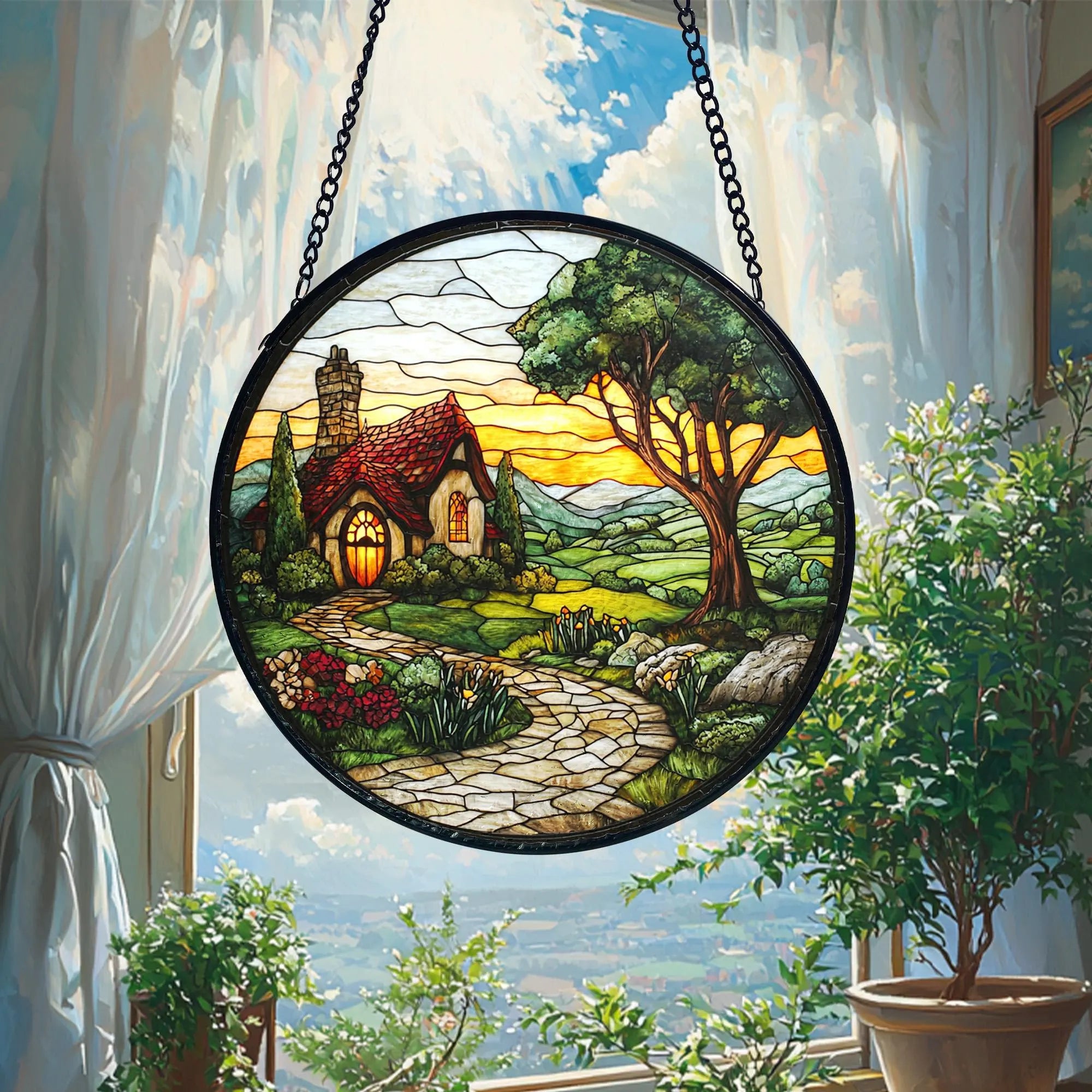 Mushroom Stained Glass Suncatcher_ Sunset Window Hanging Art, Artistic Stained Glass Acrylic Panel, Window Light Catcher Hanging, Colorful Home Decor Accent, Handmade Gift for Any Occasion