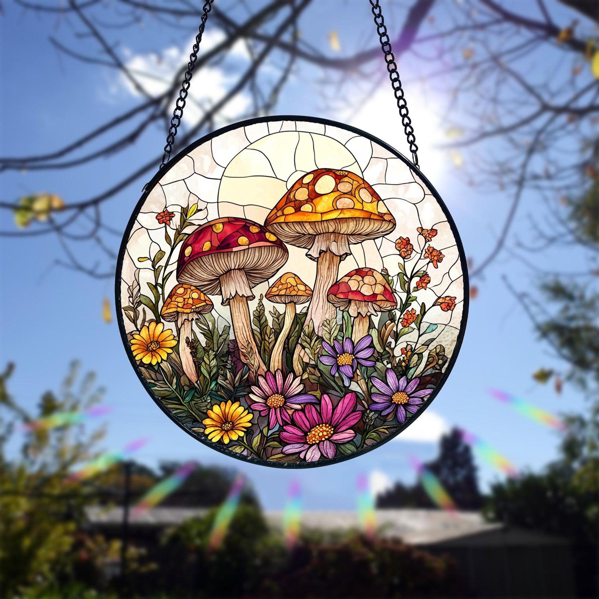 Mushroom Stained Glass Suncatcher_ Sunset Window Hanging Art, Artistic Stained Glass Acrylic Panel, Window Light Catcher Hanging, Colorful Home Decor Accent, Handmade Gift for Any Occasion