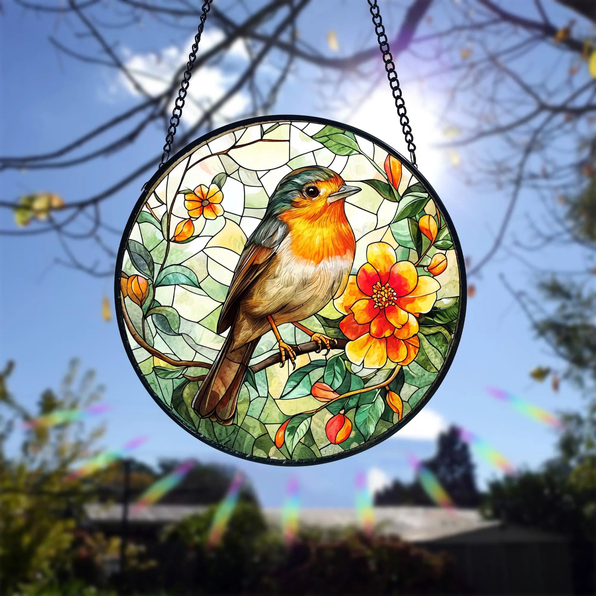 Robin Bird Stained Glass Suncatcher_ Floral Window Hanging, Artistic Stained Glass Acrylic Panel, Window Light Catcher Hanging, Colorful Home Decor Accent, Handmade Gift for Any Occasion