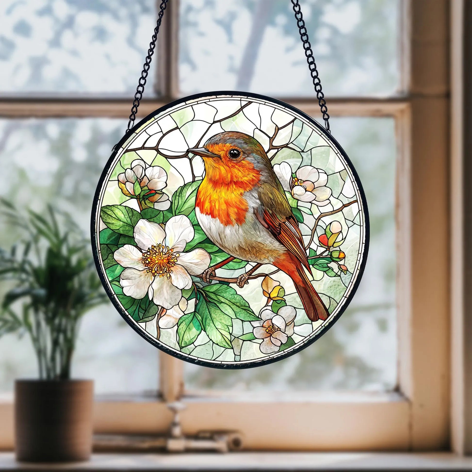Robin Bird Stained Glass Suncatcher_ Window Hanging Decor, Artistic Stained Glass Acrylic Panel, Window Light Catcher Hanging, Colorful Home Decor Accent, Handmade Gift for Any Occasion