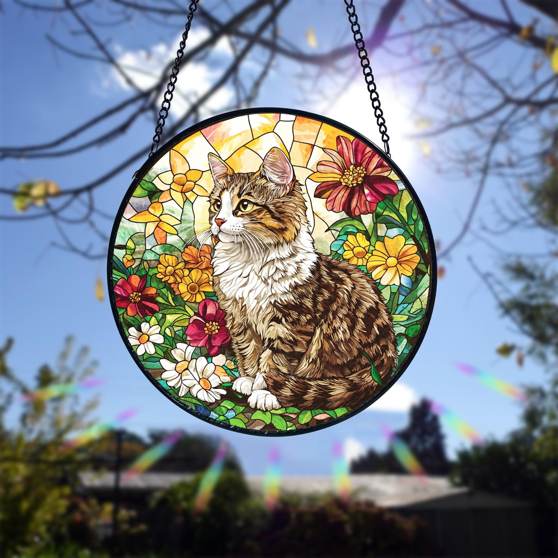Tabby Cat Stained Glass Suncatcher_ Handmade Feline Window Decor, Decorative Stained Glass Style Suncatcher, Acrylic Window Art Panel, Sun Catcher Hanging Ornament, Unique Home Accent, andmade Home Decoration