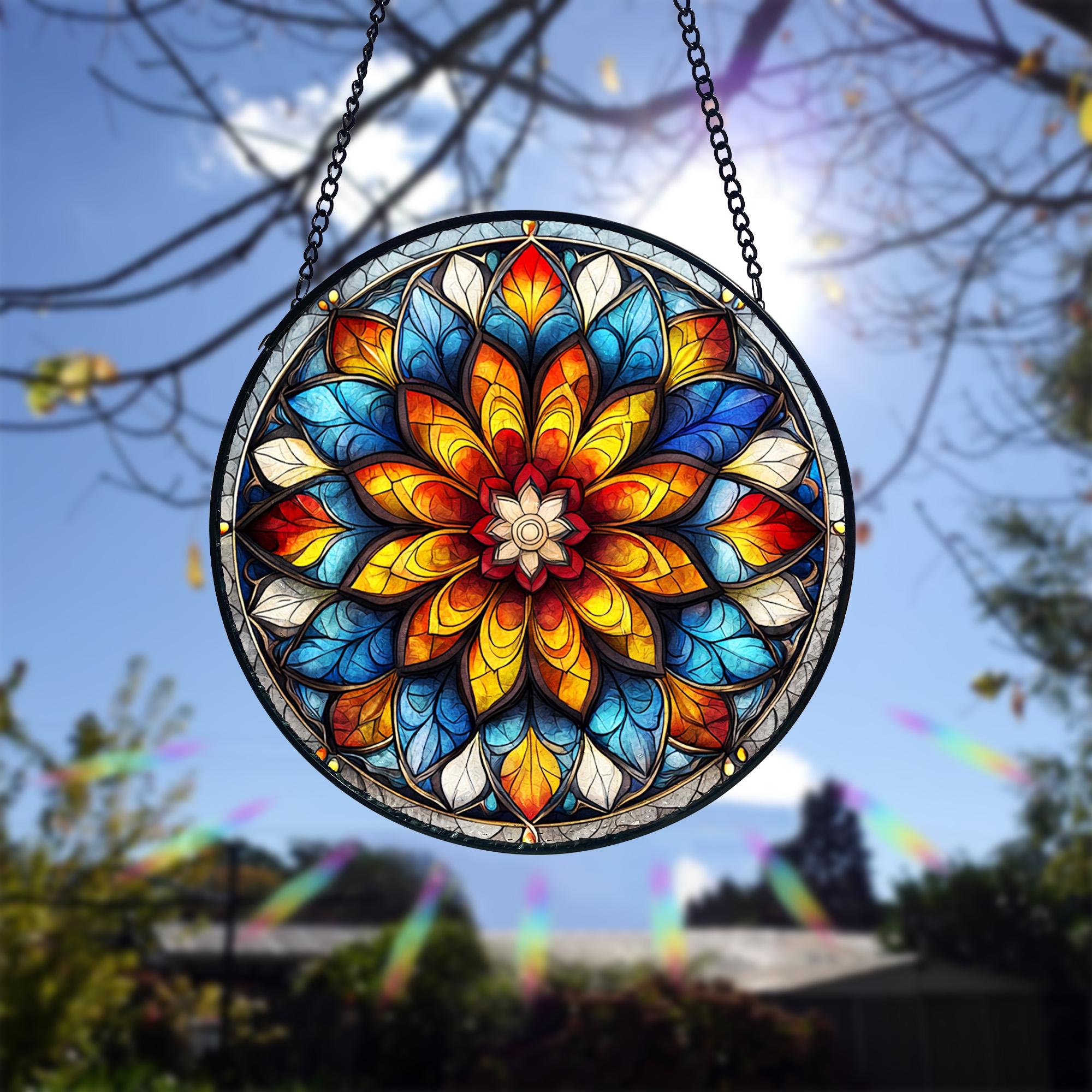 Handmade Mandala Suncatcher_ Painted Stained Glass Window Decor, Stained Glass Acrylic Suncatcher, Vibrant Window Hanging Art, Colorful Light Catcher Decor, Boho Window Ornament, Unique Home Gift