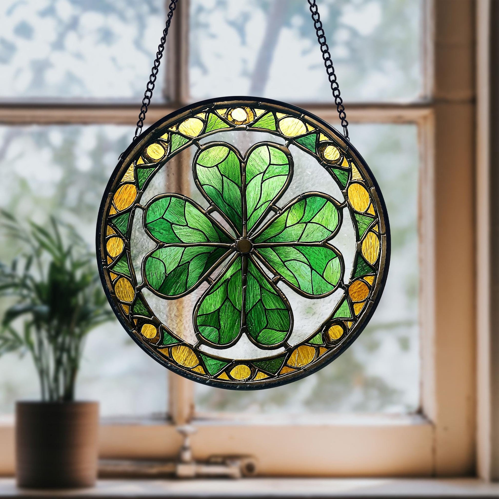 Shamrock Stained Glass Suncatcher_ Irish Ornament, St. Patrick's Day Decor, Artistic Stained Glass Acrylic Panel, Window Light Catcher Hanging, Colorful Home Decor Accent, Handmade Gift for Any Occasion