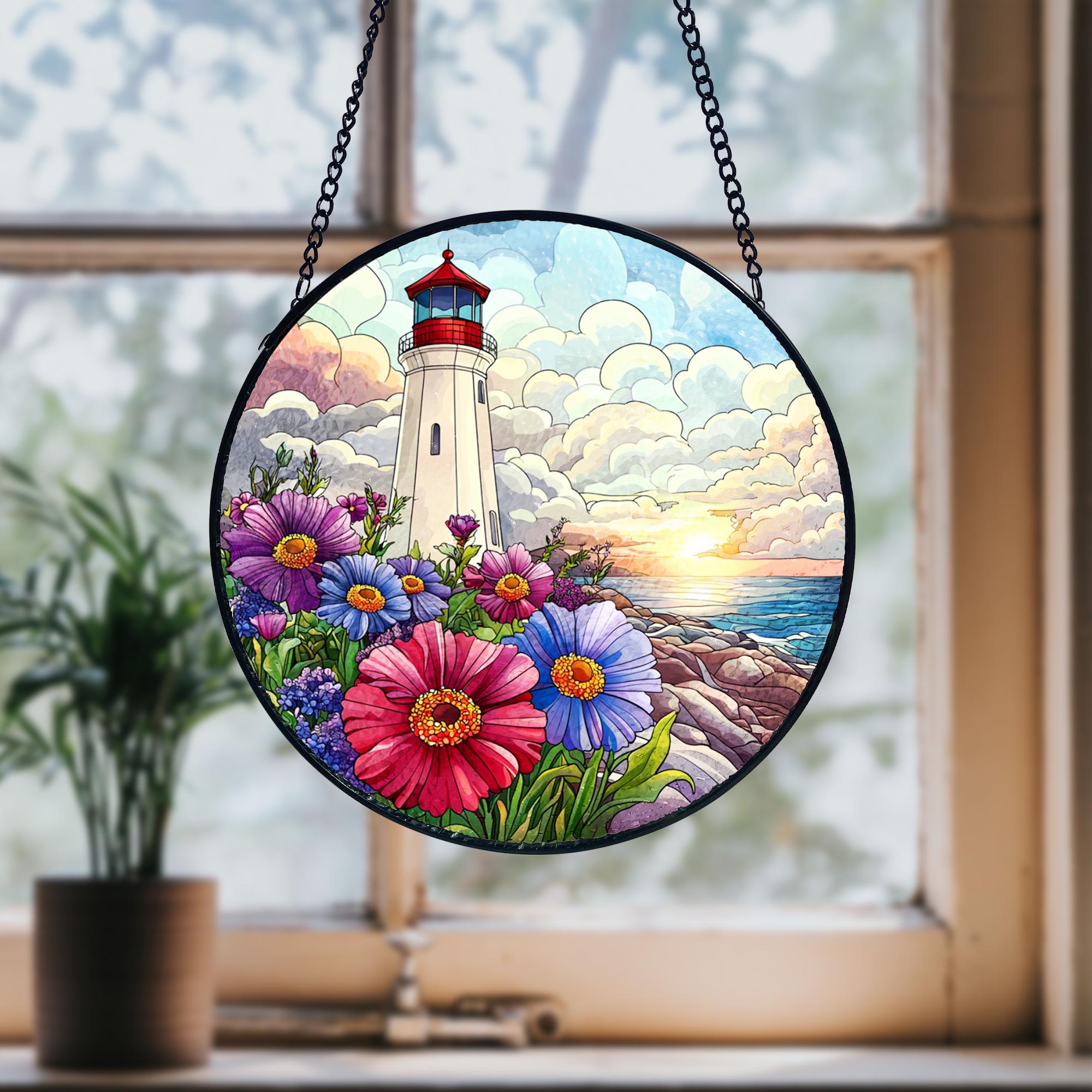 Lighthouse Stained Glass Suncatcher_ Coastal Window Hanging, Acrylic Stained Glass Window Art, Handmade Sun Catcher Hanging Decor, Colorful Light Reflecting Panel, Unique Gift for Home