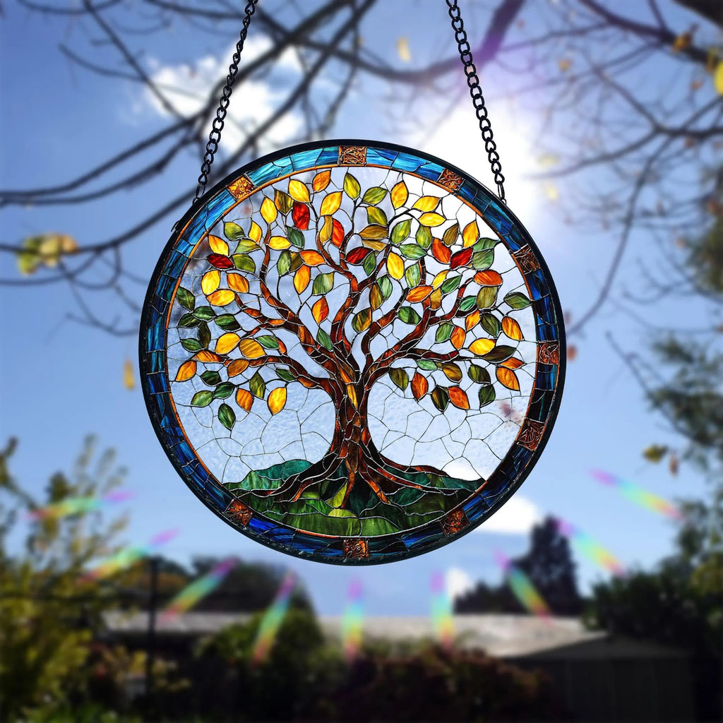 Stained Glass Tree of Life Suncatcher_ Handmade Window Hanging Decor, Acrylic Stained Glass Clover Suncatcher, Lucky Window Hanging, Boho Green Ornament, Unique Artisan Home Decor