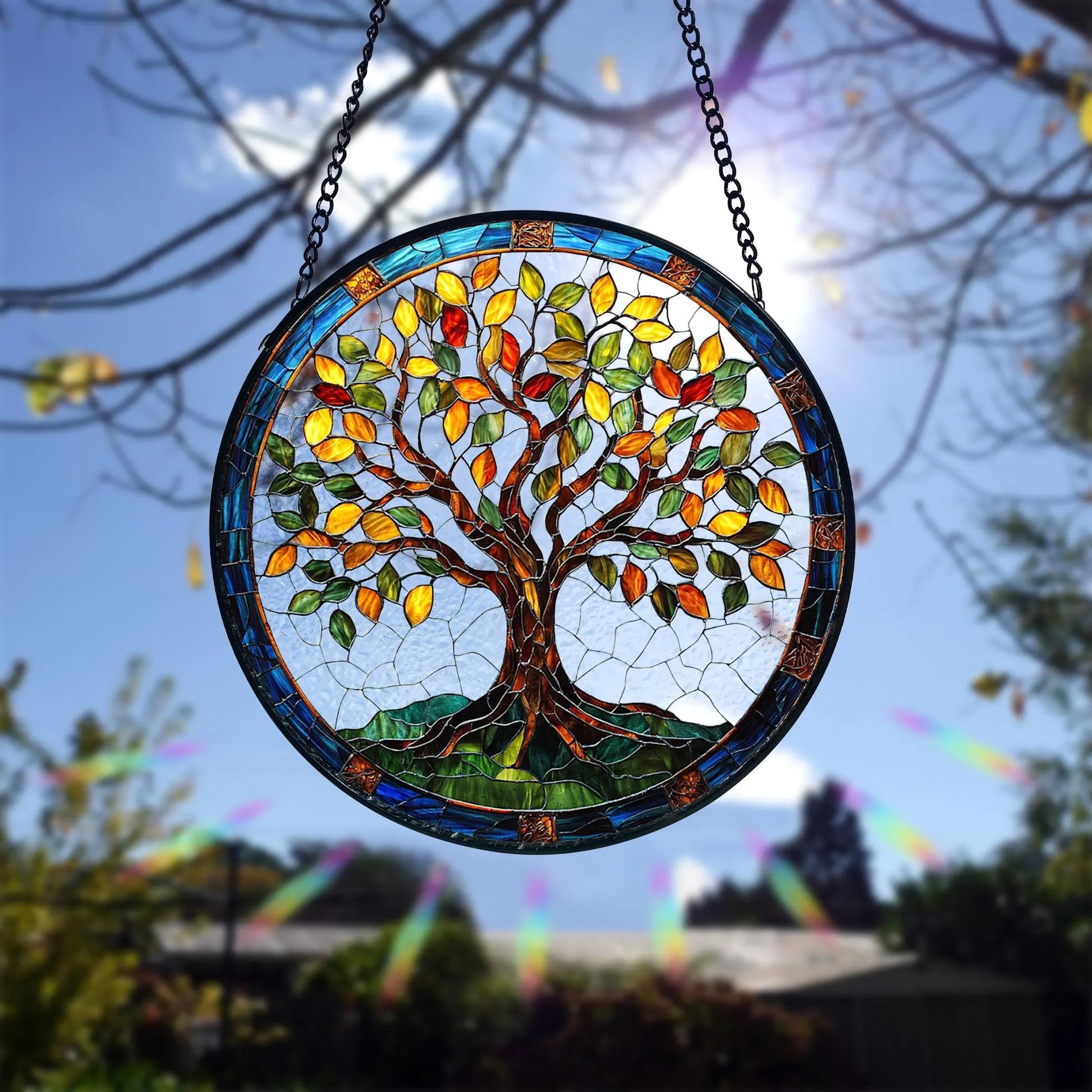 Stained Glass Tree of Life Suncatcher_ Handmade Window Hanging Decor, Acrylic Stained Glass Clover Suncatcher, Lucky Window Hanging, Boho Green Ornament, Unique Artisan Home Decor