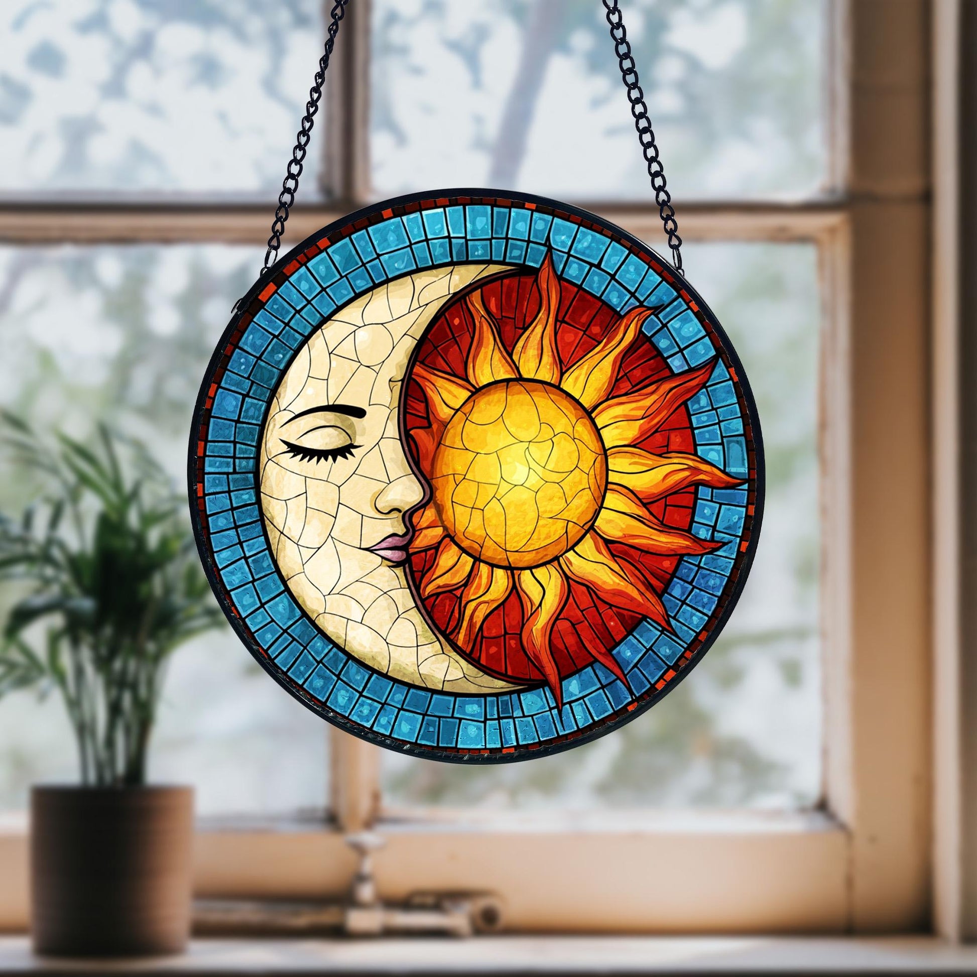 Handmade Sun and Moon Stained Glass Suncatcher_ Celestial Window Decor, Handcrafted Stained Glass Suncatcher, Vibrant Window Art Panel, Sunlit Light Catcher Decoration, Boho Room Decor, Gift for Home Lovers