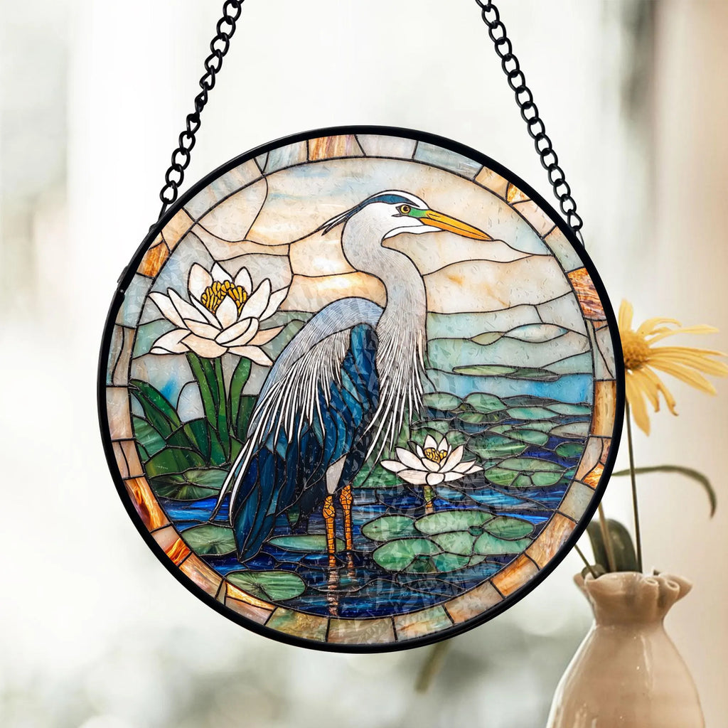 Blue Heron Stained Glass Suncatcher, Nature Window Decor, Water Lily Theme, Bird Lovers Home Accent, Unique Wildlife Gift, Gift for Mom, Acrylic Stained Glass Inspired Suncatcher, Decorative Window Hanging, Artistic Home Decoration