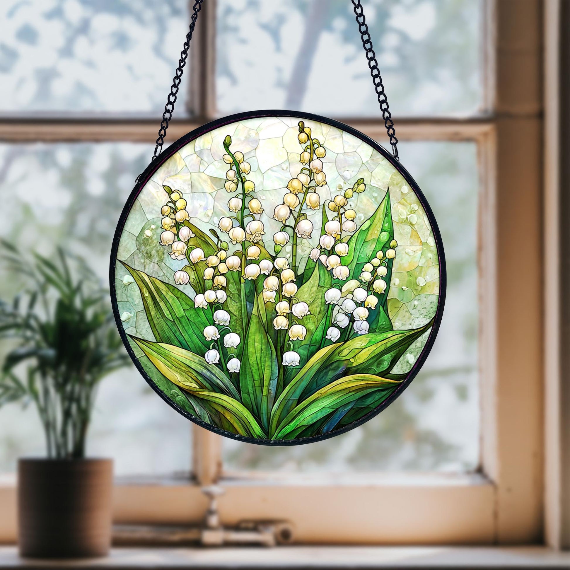 Handmade Lily of the Valley Stained Glass Suncatcher_ Floral Window Decor, Stained Glass Suncatcher Window Hanging, Handmade Glass Art Decor, Colorful Sun Catcher Ornament, Boho Window Decoration, Unique Gift
