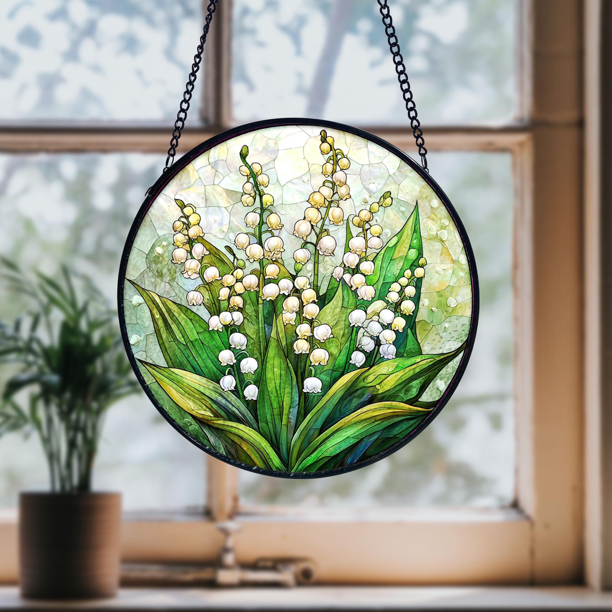 Handmade Lily of the Valley Stained Glass Suncatcher_ Floral Window Decor, Stained Glass Suncatcher Window Hanging, Handmade Glass Art Decor, Colorful Sun Catcher Ornament, Boho Window Decoration, Unique Gift