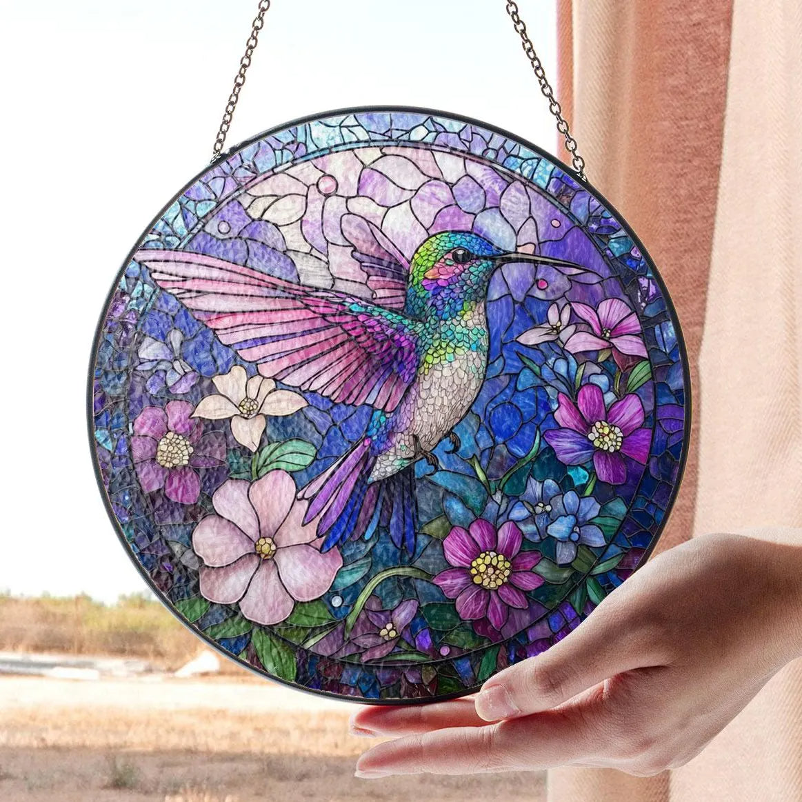 Hummingbird Stained Glass Window Hanging, Vibrant Floral Suncatcher, Nature-inspired Home Decor, Colorful Glass Art, Bird Lover Gift, Acrylic Stained Glass Inspired Suncatcher, Decorative Window Hanging, Artistic Home Decoration