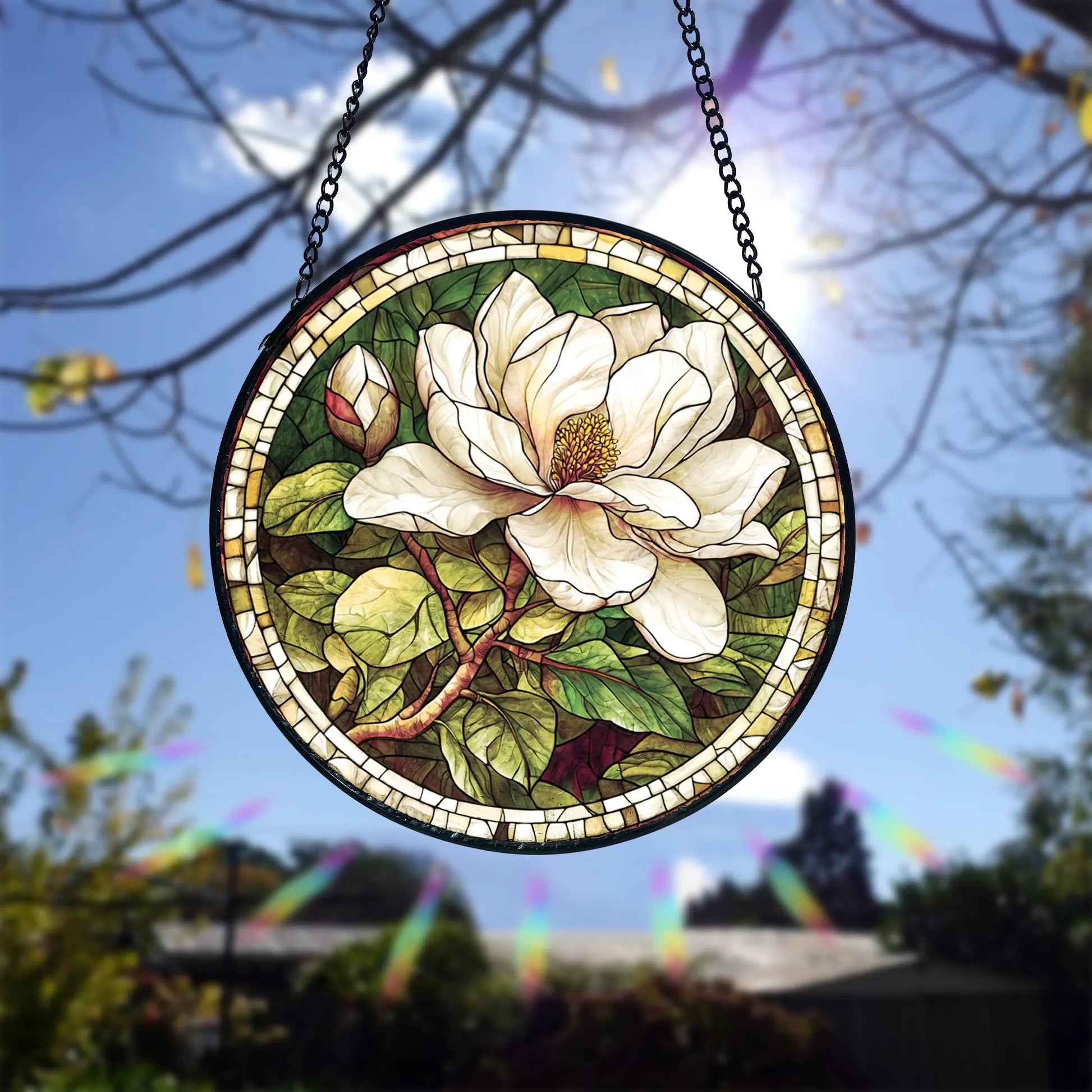 White Magnolia Stained Glass Suncatcher_ Handmade Floral Window Hanging, Decorative Stained Glass Style Suncatcher, Acrylic Window Art Panel, Sun Catcher Hanging Ornament, Unique Home Accent, andmade Home Decoration
