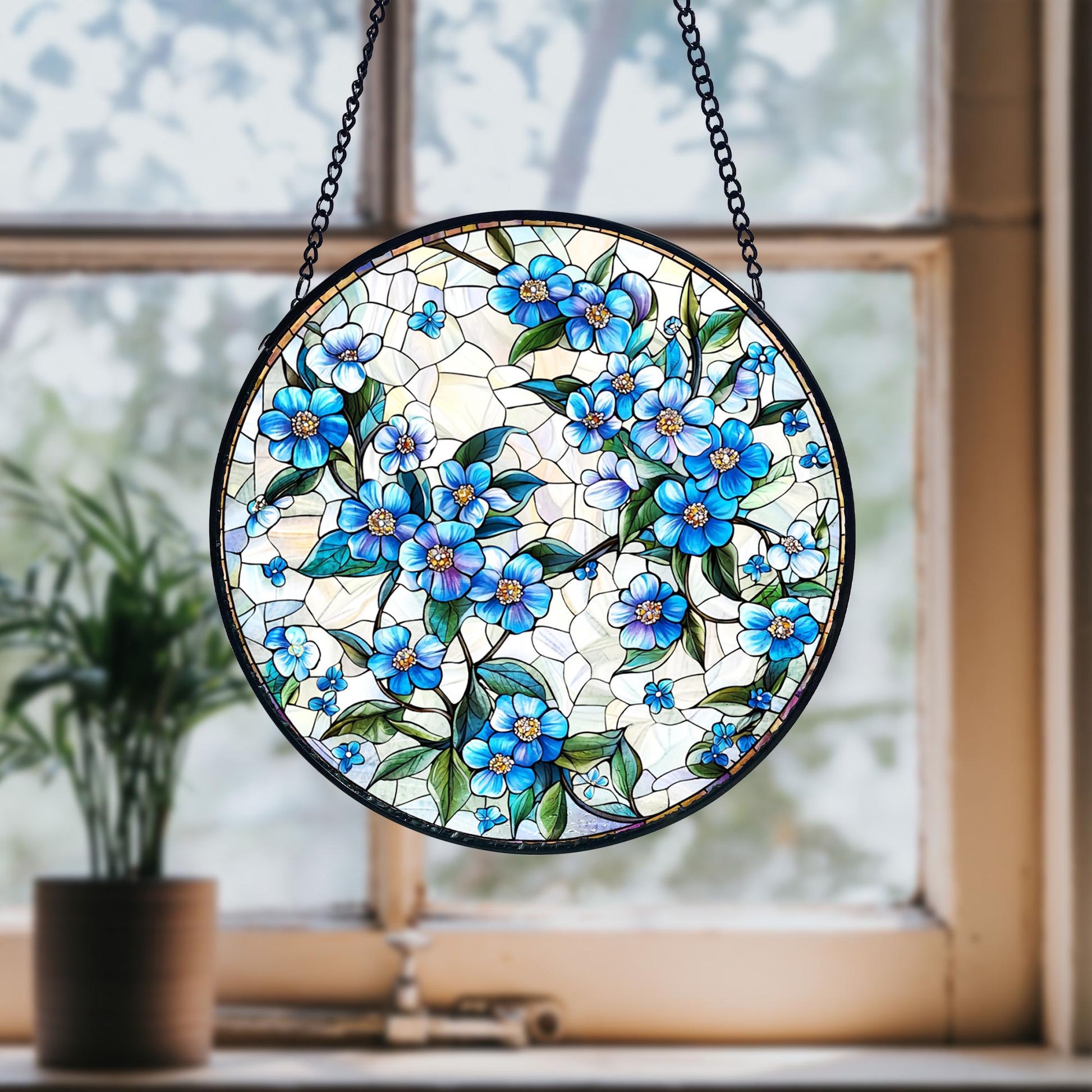 Forget-me-not Stained Glass Suncatcher_ Handmade Floral Window Decor, Colorful Sun Catcher Ornament, Boho Window Decoration, Unique Gift