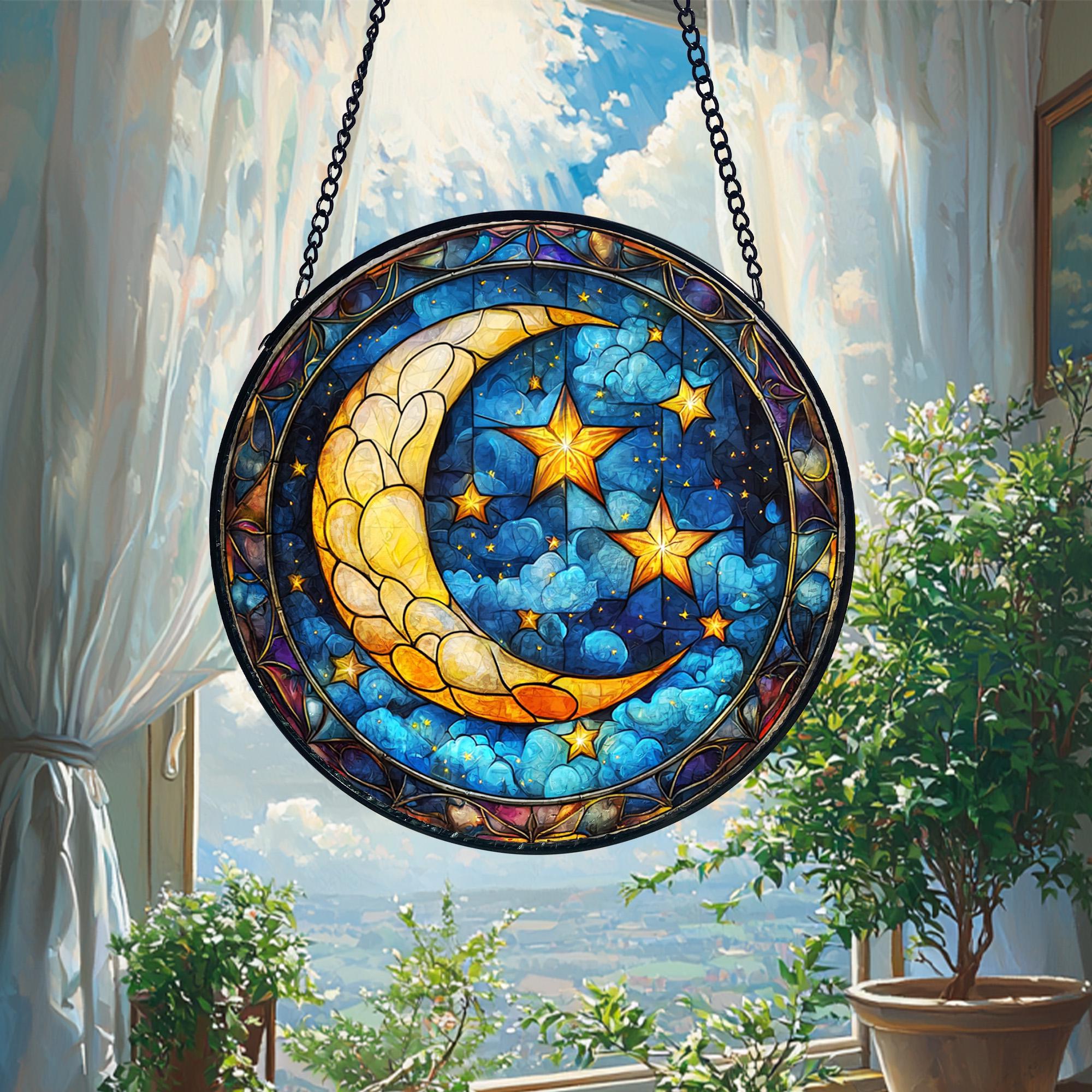 Moon and Star Stained Glass Suncatcher_ Celestial Window Hanging, Acrylic Stained Glass Window Art, Handmade Sun Catcher Hanging Decor, Colorful Light Reflecting Panel, Unique Gift for Home