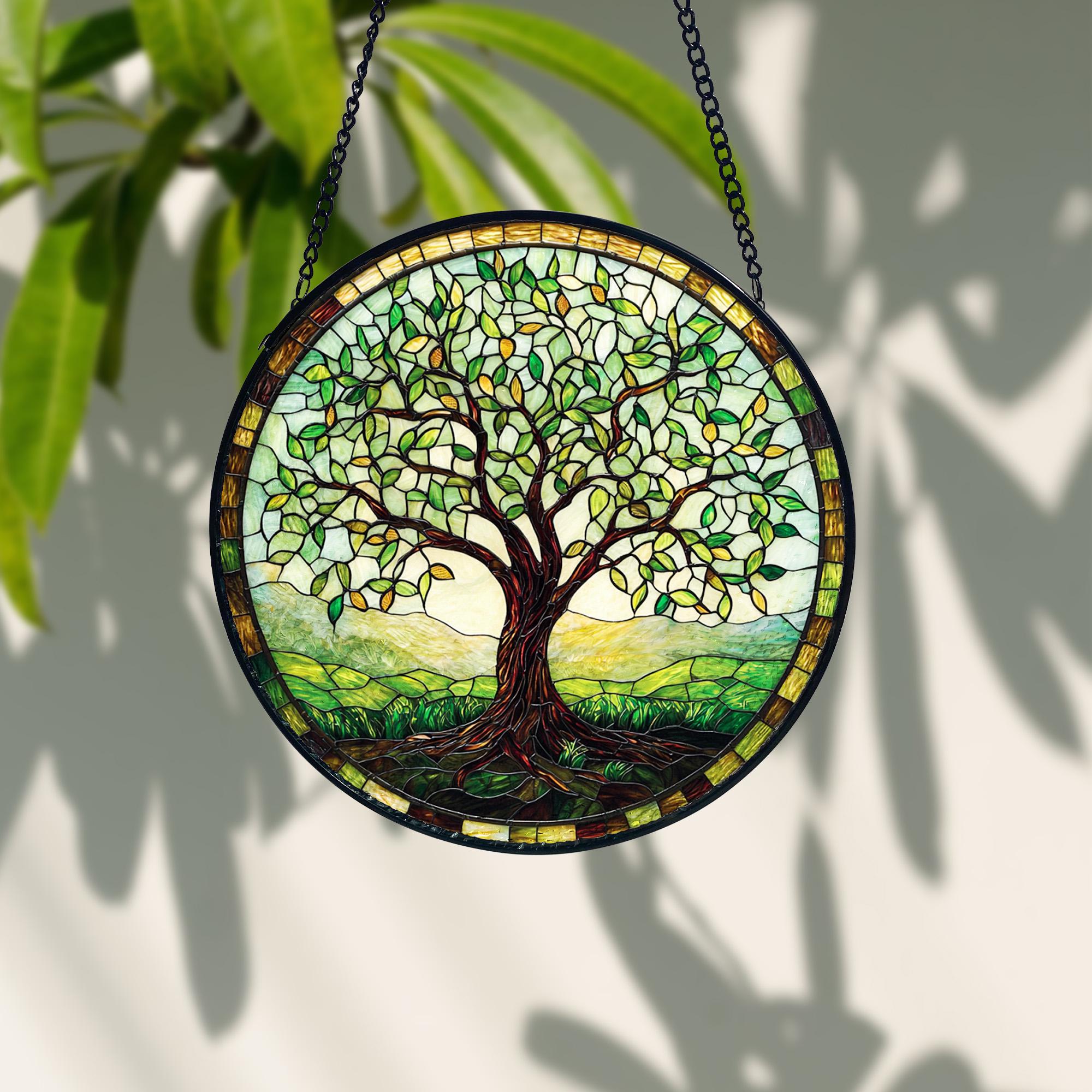 Handmade Tree of Life Stained Glass Window Hanging_ Nature Decor, Handcrafted Stained Glass Suncatcher, Vibrant Window Art Panel, Sunlit Light Catcher Decoration, Boho Room Decor, Gift for Home Lovers