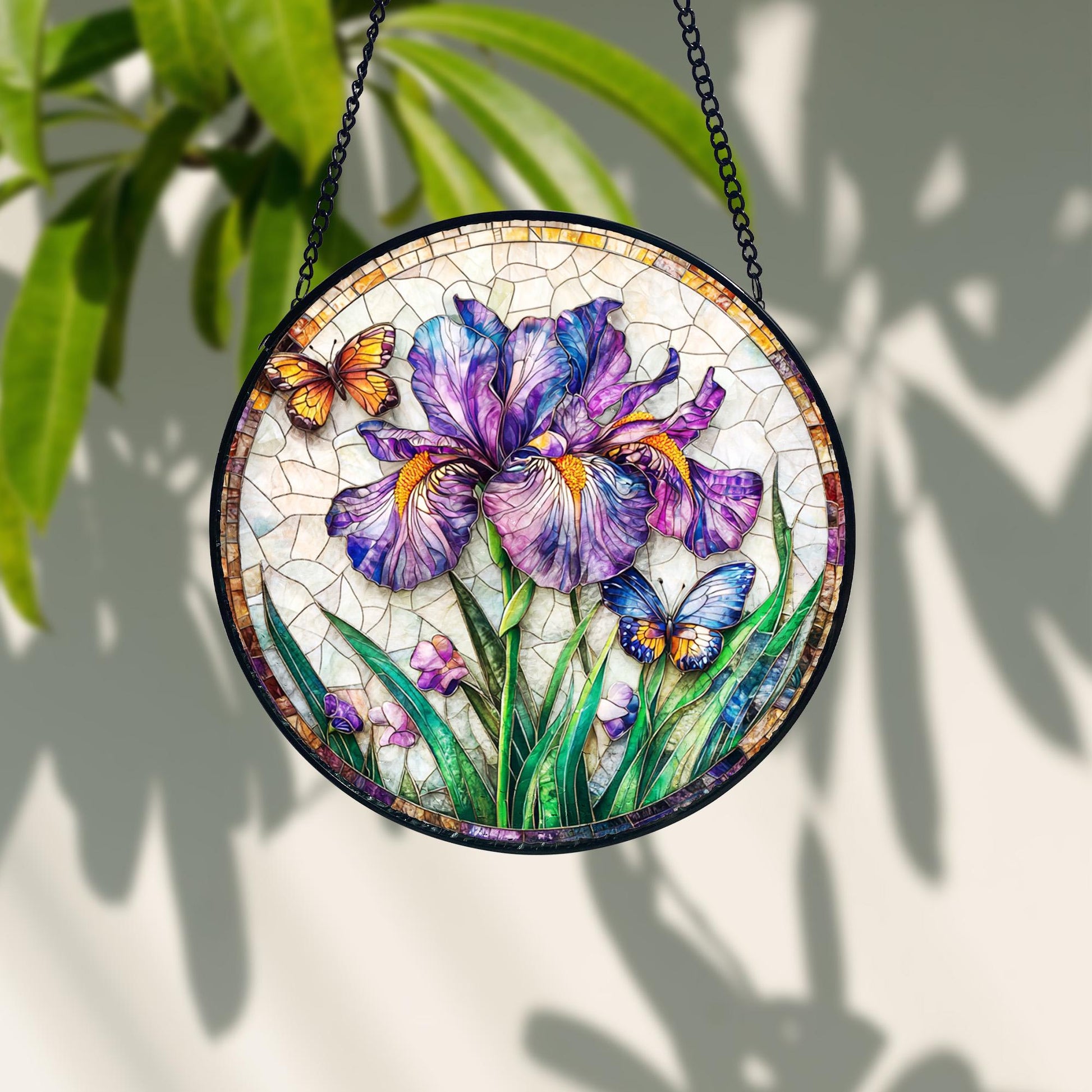 Handcrafted Purple Iris Stained Glass Suncatcher_ Floral Window Decor, Boho Window Decoration, Unique Gift