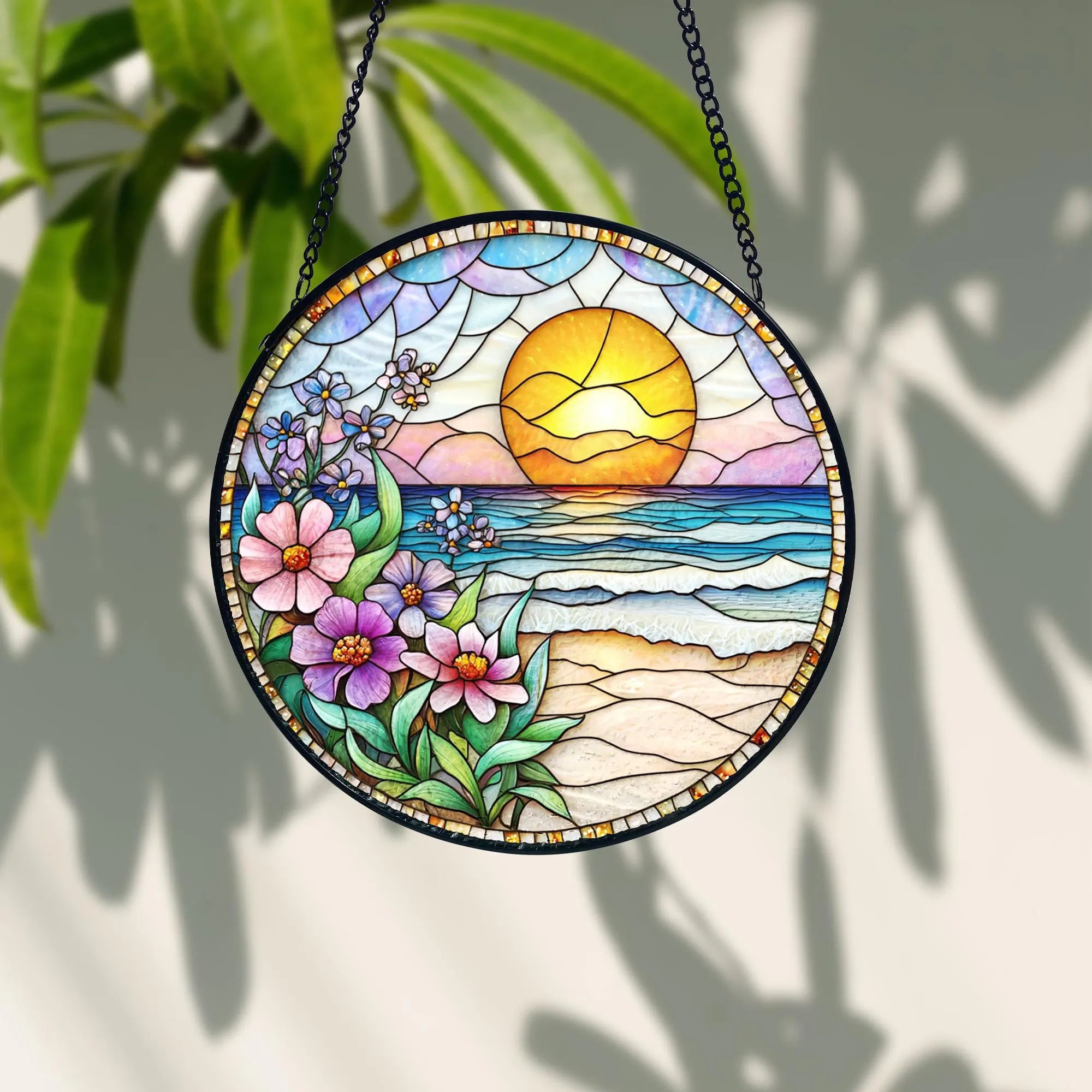 Handmade Beach Sunset Stained Glass Window Hanging_ Coastal Decor, Stained Glass Suncatcher Window Hanging, Handmade Glass Art Decor, Colorful Sun Catcher Ornament, Boho Window Decoration, Unique Gift