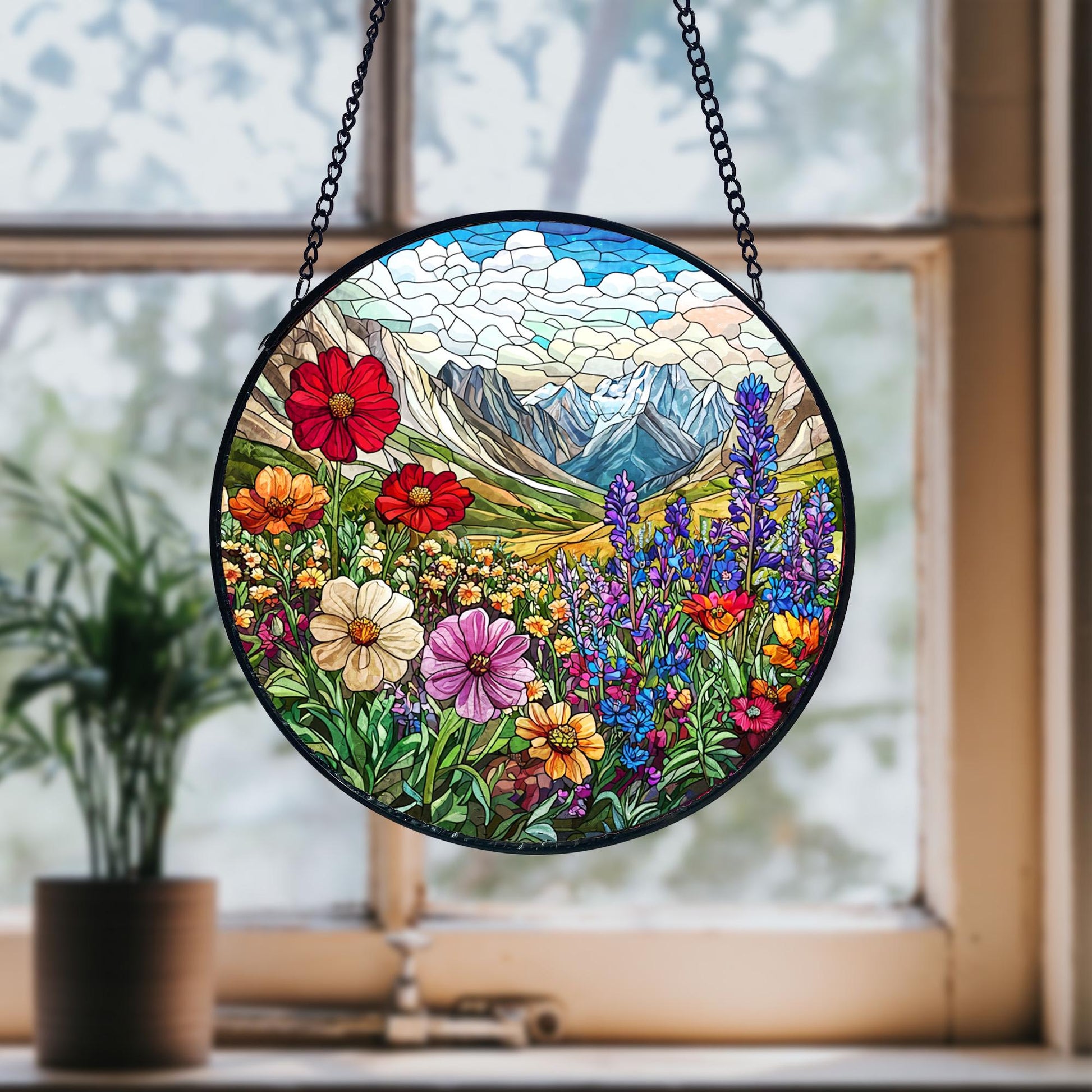 Handmade Stained Glass Wildflower Suncatcher_ Mountain Meadow Window Art, Handcrafted Stained Glass Suncatcher, Vibrant Window Art Panel, Sunlit Light Catcher Decoration, Boho Room Decor, Gift for Home Lovers