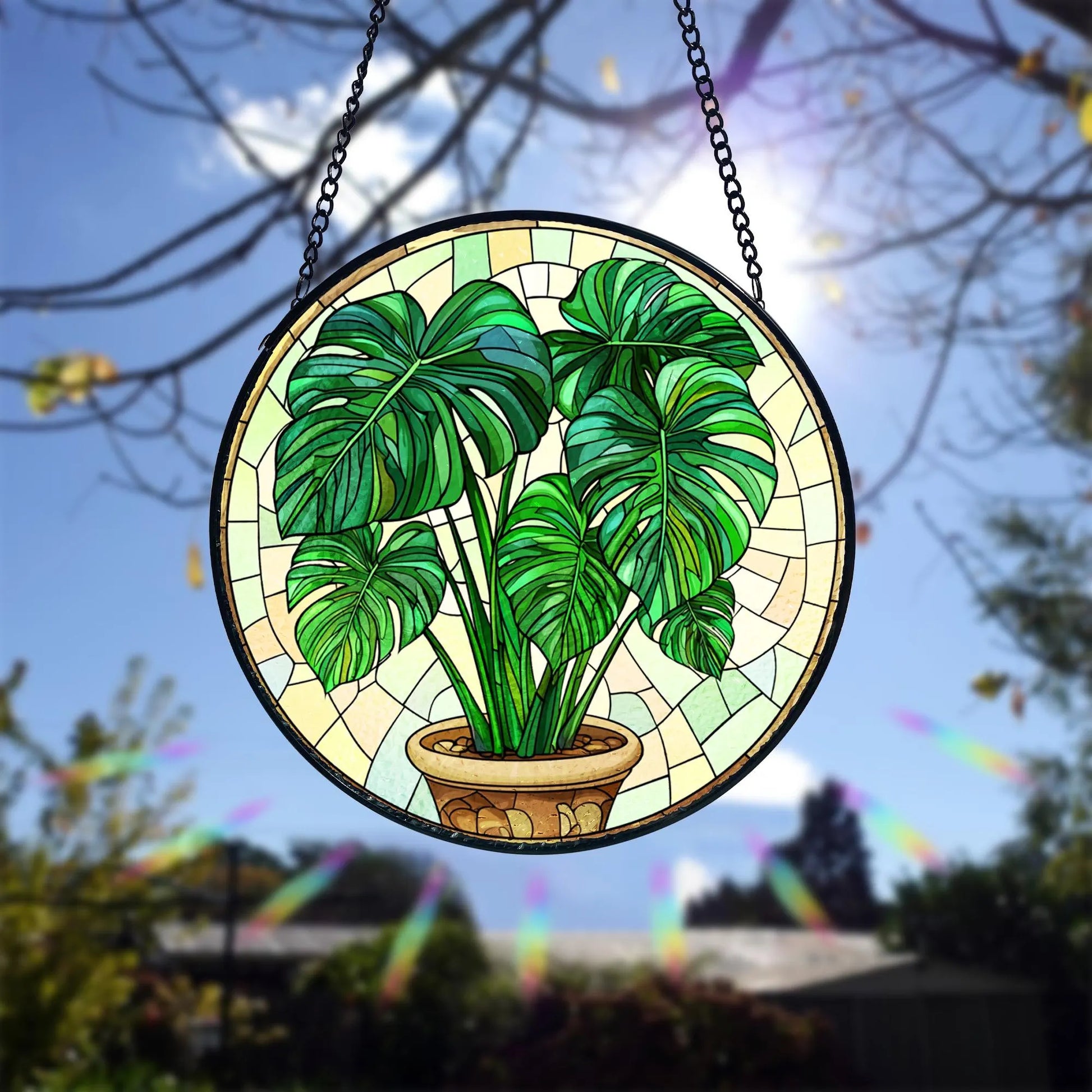 Handmade Stained Glass Monstera Suncatcher_ Botanical Window Hanging, Handcrafted Stained Glass Suncatcher, Vibrant Window Art Panel, Sunlit Light Catcher Decoration, Boho Room Decor, Gift for Home Lovers