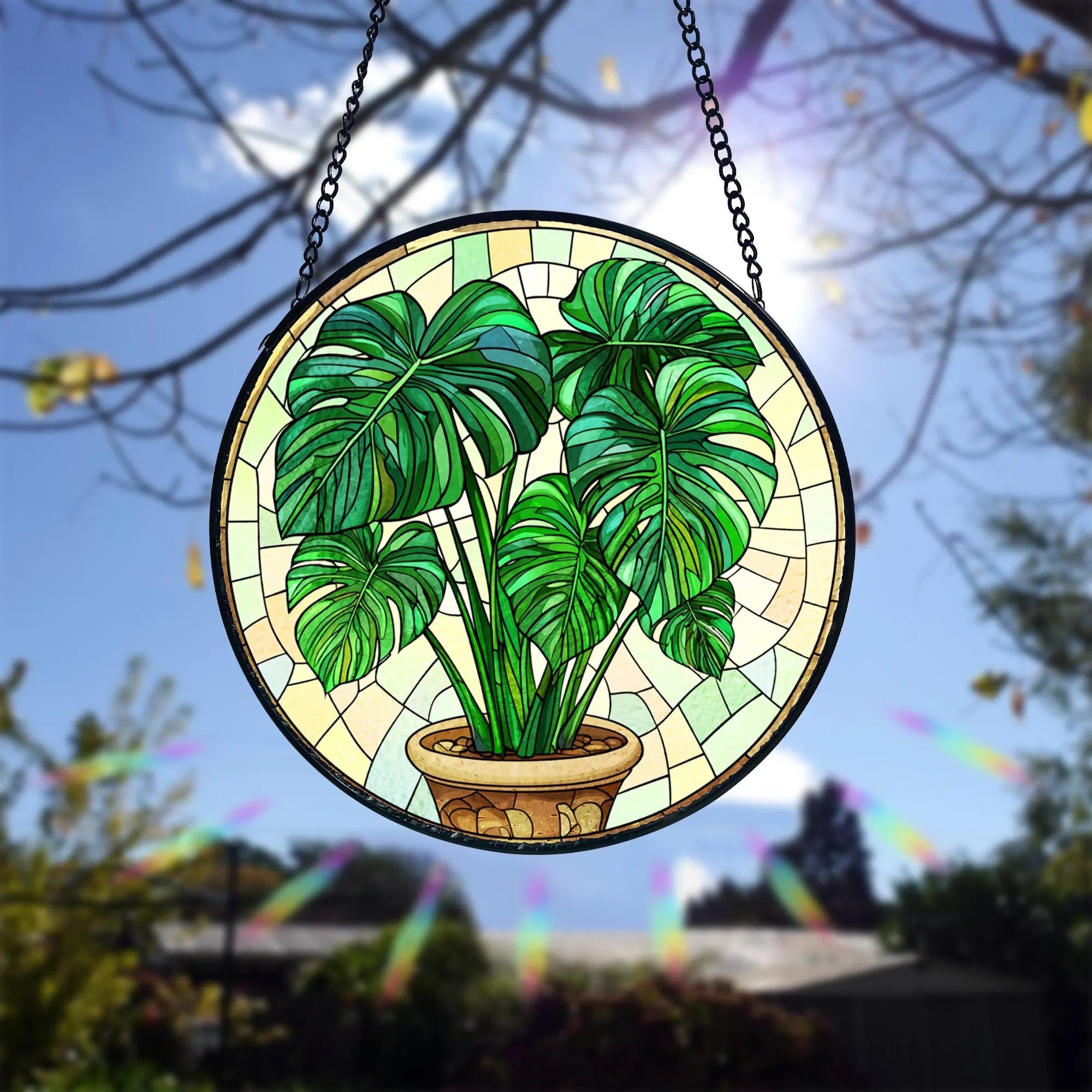 Handmade Stained Glass Monstera Suncatcher_ Botanical Window Hanging, Handcrafted Stained Glass Suncatcher, Vibrant Window Art Panel, Sunlit Light Catcher Decoration, Boho Room Decor, Gift for Home Lovers