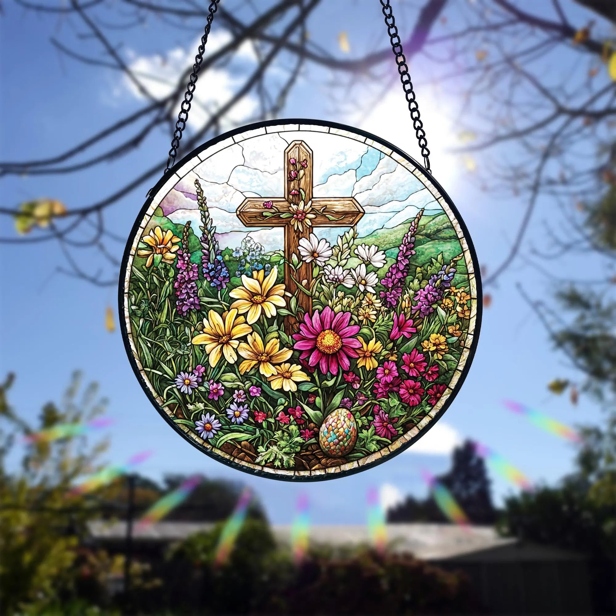 Handmade Easter Cross Stained Glass Suncatcher_ Floral Christian Decor, Stained Glass Suncatcher Window Hanging, Handmade Glass Art Decor, Colorful Sun Catcher Ornament, Boho Window Decoration, Unique Gift