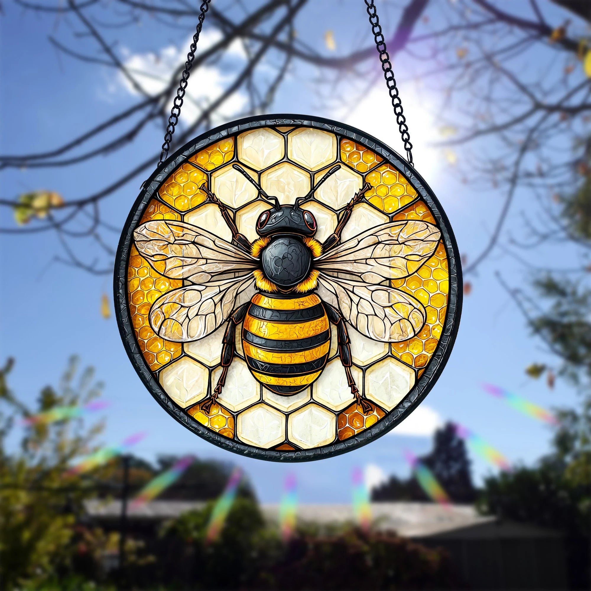 Honeycomb Stained Glass Suncatcher_ Bee & Flower Window Hanging, Handcrafted Stained Glass Suncatcher, Vibrant Window Art Panel, Sunlit Light Catcher Decoration, Boho Room Decor, Gift for Home Lovers